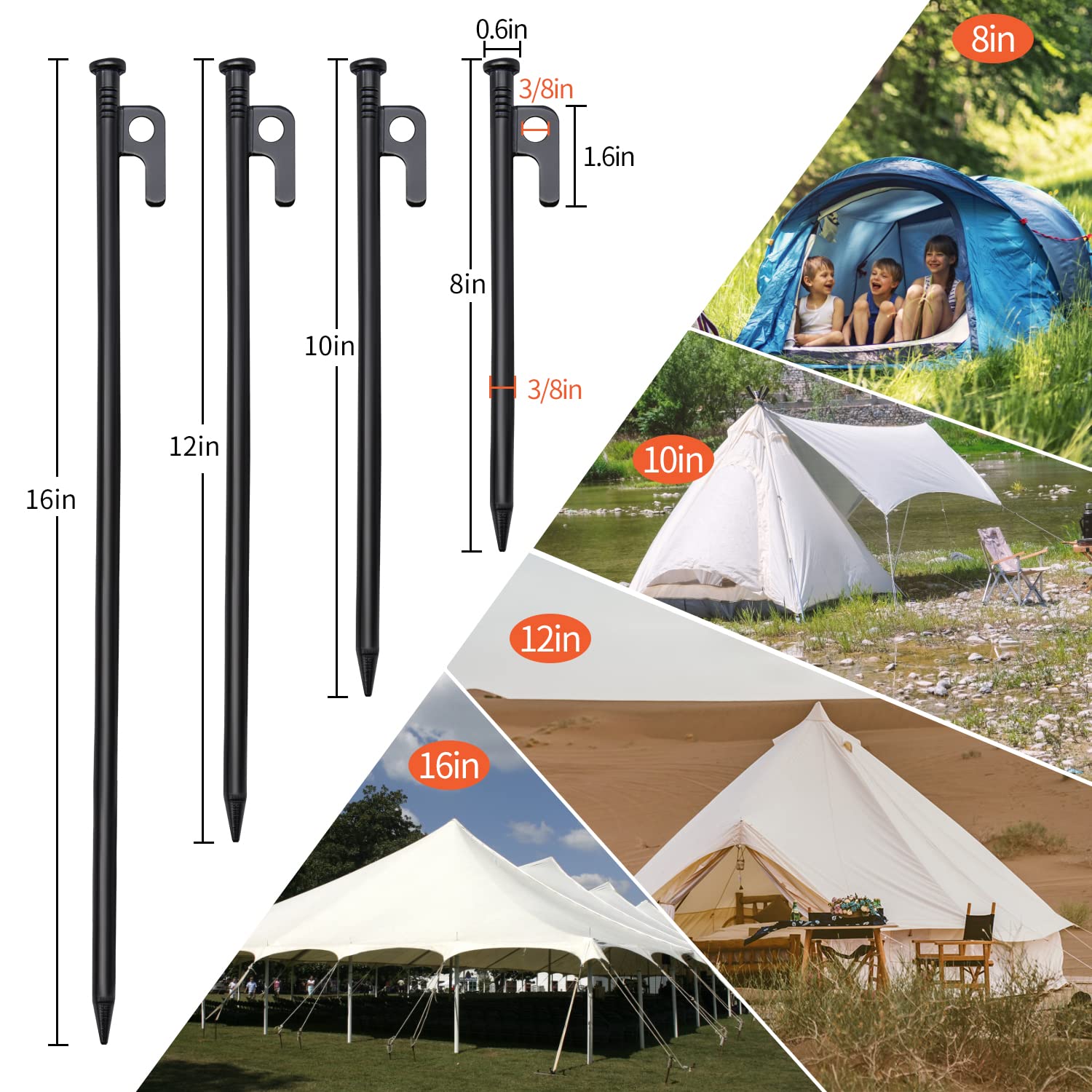 8pcs Tent Stakes and Hammer Set, 8in Heavy Duty Forged Steel Tent Stakes + Camping Hammer + Storage Pouch, Available in Rocky Place (8pcs 8in Stake+Hammer)