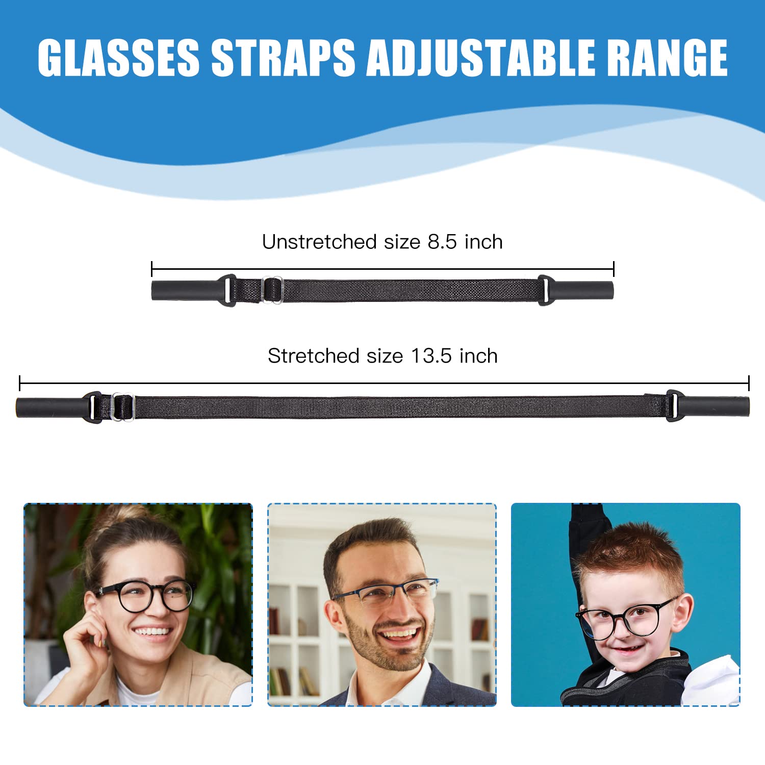 Adjustable Glasses Straps - 3 Pcs No Tail Adjustable Eyewear Retainer Glasse Strap for Men's Glasses Straps, Kids' Glasses Straps, Women's Glasses Straps, Sunglasses Straps, Black(7.5-13.5 inch)