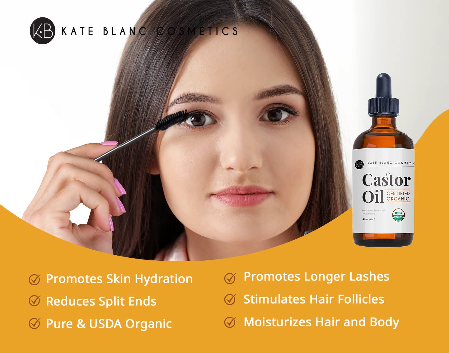 Kate Blanc Cosmetics Organic Castor Oil (4oz). 100% Pure, Cold Pressed, Hexane Free in a Glass Bottle. Stimulate Growth for Eyelashes, Eyebrows, Hair. Skin Moisturizer & Oil Cleanse with Starter Kit
