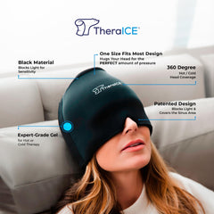 TheraICE Migraine Relief Cap, Soothing Headache Ice Pack Mask Products, Cooling Gel Hat, Face Cold Compress Head Wrap for Tension, Stress & Hangover