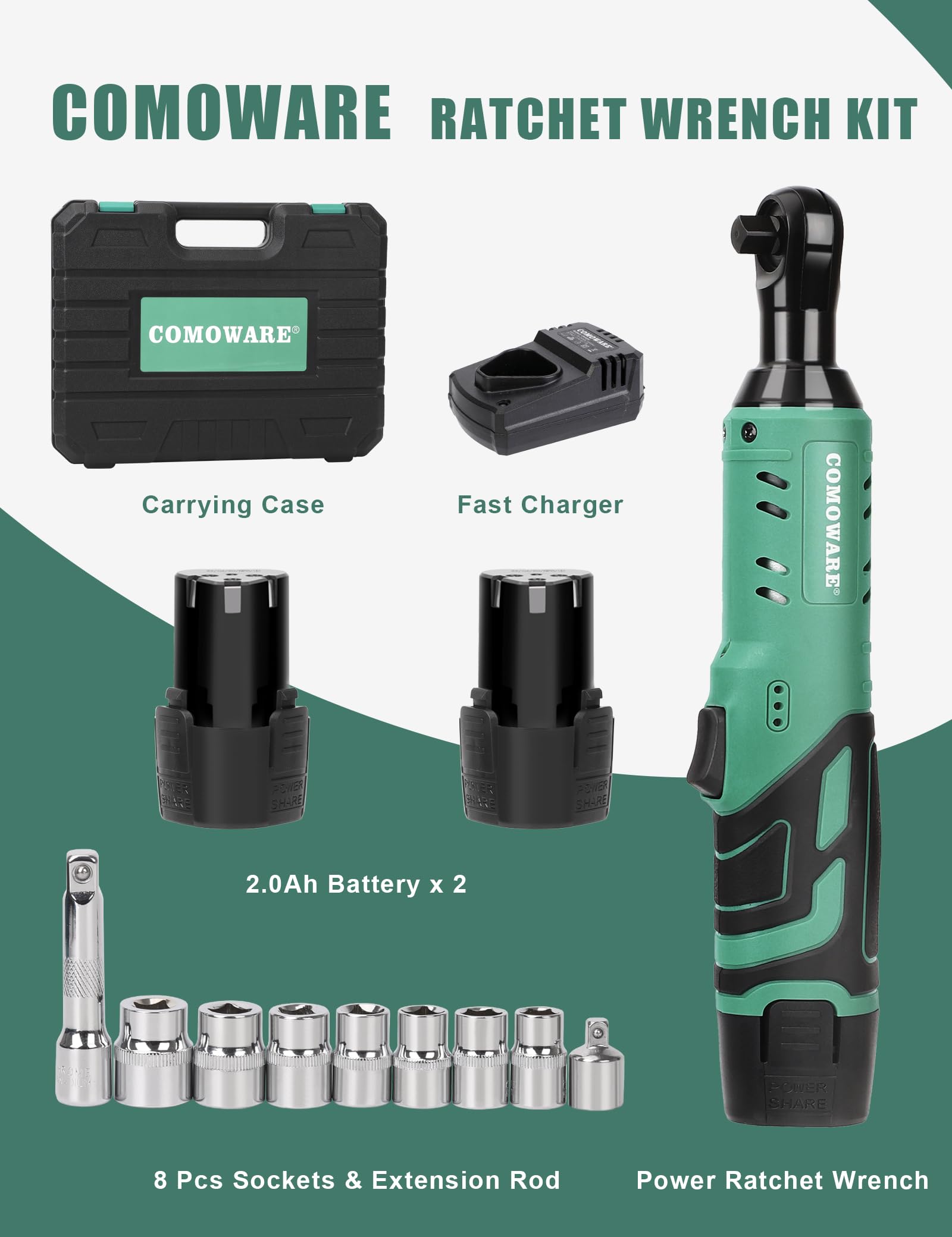 COMOWARE 3/8 Cordless Electric Ratchet Wrench Kit, 40ft-lbs Torque, 12V Power, 8 Sockets, LED Light, Fast Charger, Ergonomic Design