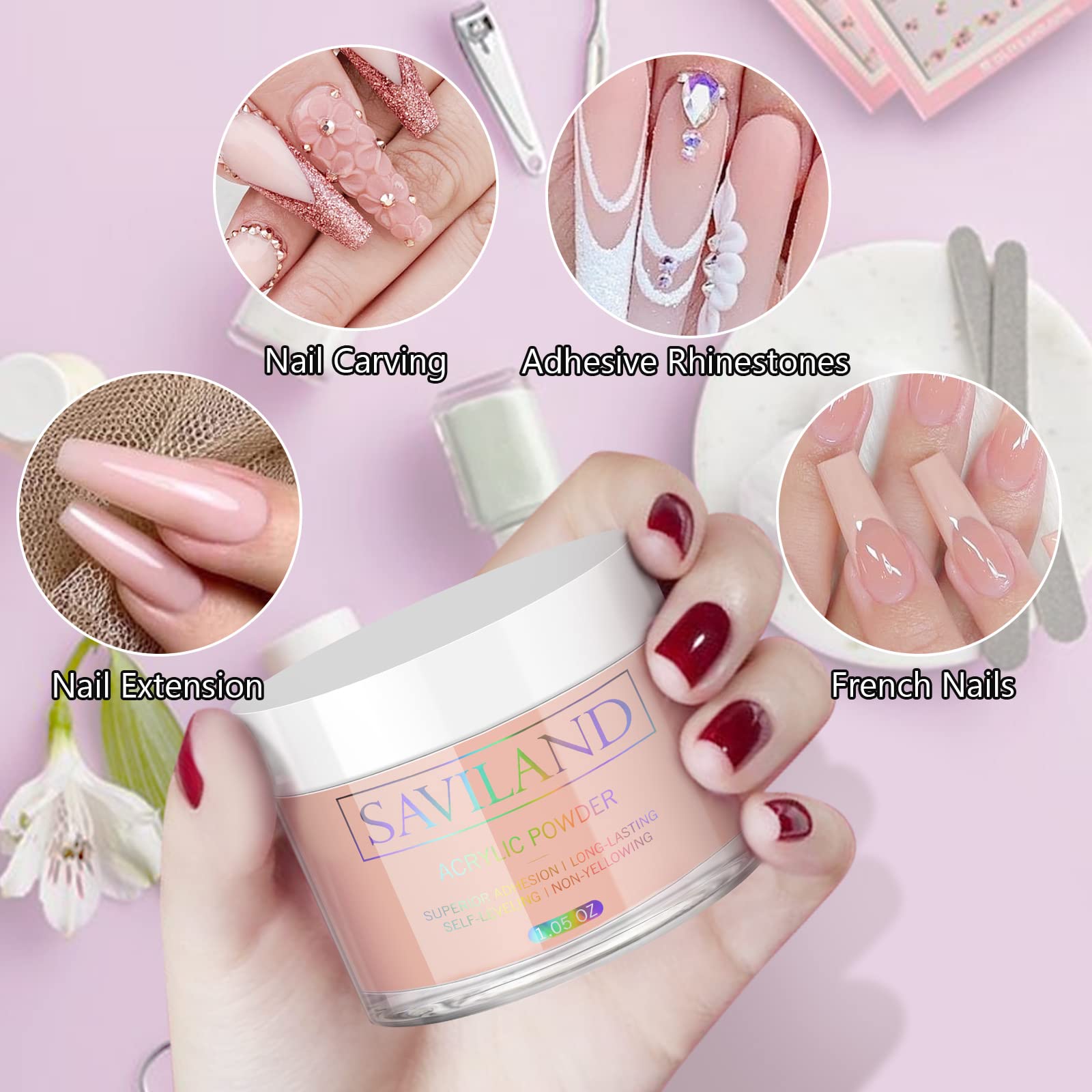 Saviland Nudes Acrylic Powder - 1oz Professional Color Acrylic Nail Powder for Acrylic Nails Extension, 3D Nail Art Acrylic Polymer Powder, No Need Nail Lamp