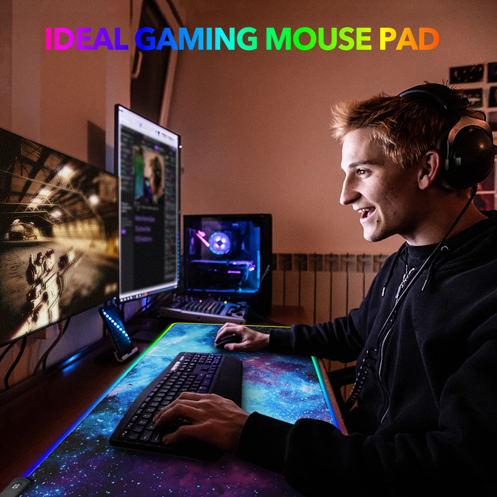 AIMSA RGB Gaming Mouse Pad Extended, Large Led Mousepads Non-Slip Rubber Base with 14 Lighting Modes, Computer Keyboard Mat Soft Desk pad Waterproof 35.4 x 15.8 inches, Galaxy Nebula Universe