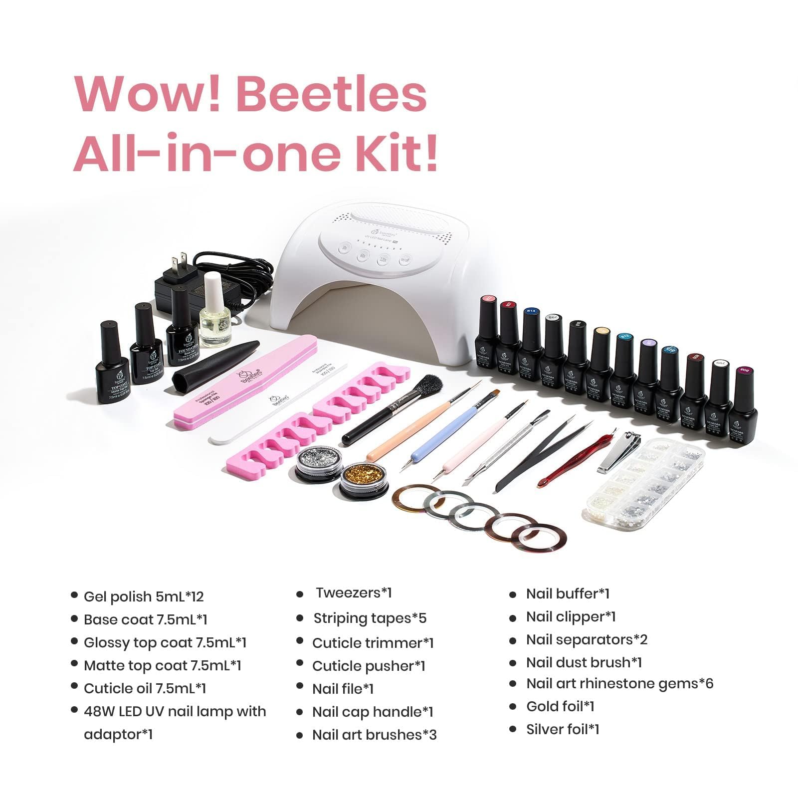 Beetles Gel Nail Polish Kit with 48w Uv Light Gel Nail Starter Kit 12 Colors Pink Nude Blue Glitter Gray Gel Polish with Base Gel Top Coat Soak Off Gel Polish Set Gifts for Women