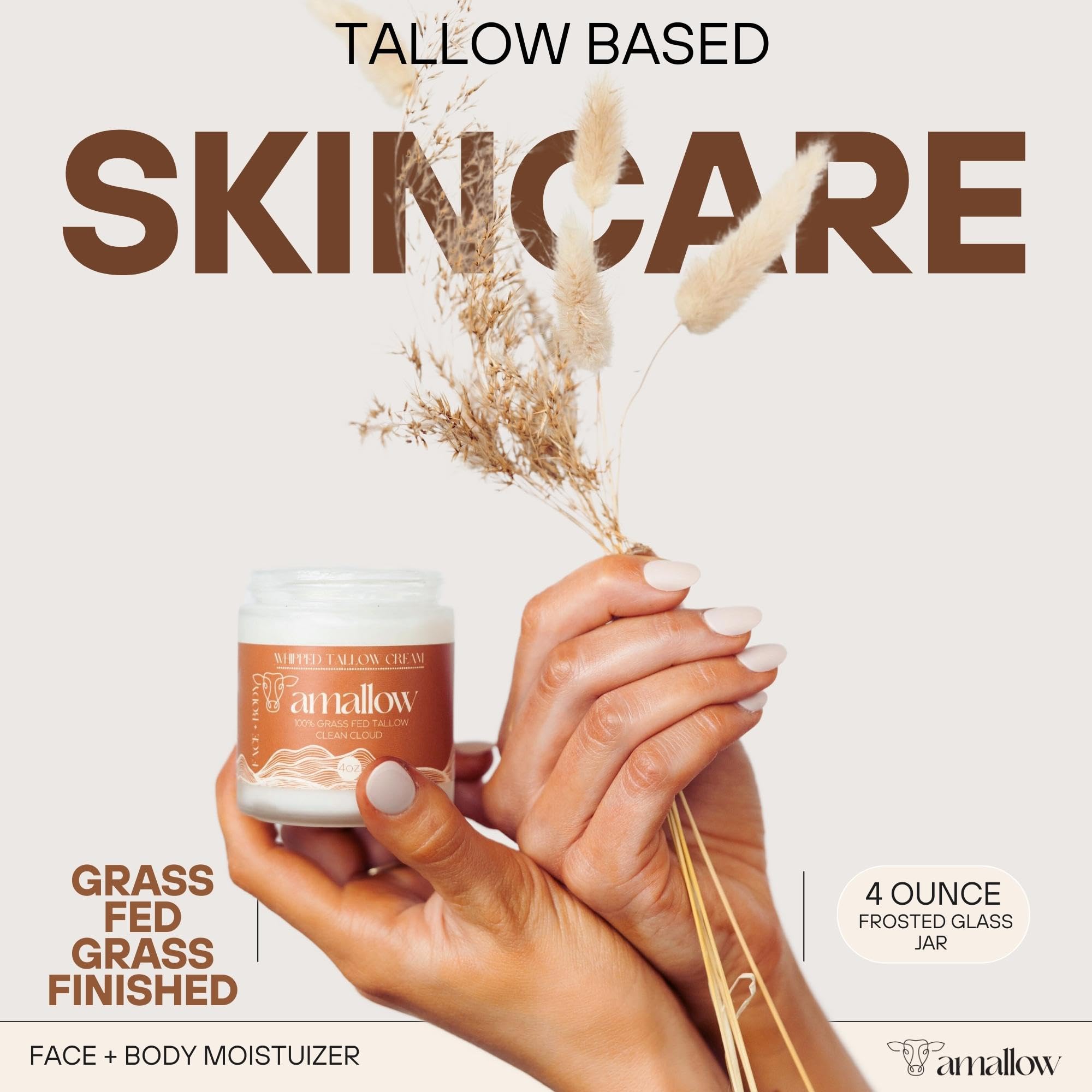 Amallow 100% Grass Fed Beef Tallow for Skin Care - Face + Body - Whipped Moisturizer - 100% Natural Lotion, 4 FL. oz. (Clean Cloud)