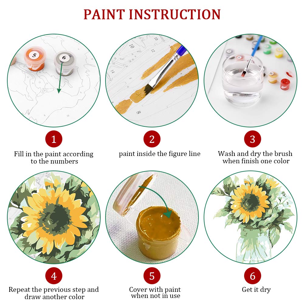 Ginkko Paint by Numbers Kit for Adults Beginner & Kids Ages 8-12 with Wooden Frame Easy Acrylic on Canvas 9x12 inch with Paints and Brushes, Vase Sunflower(Include Framed)