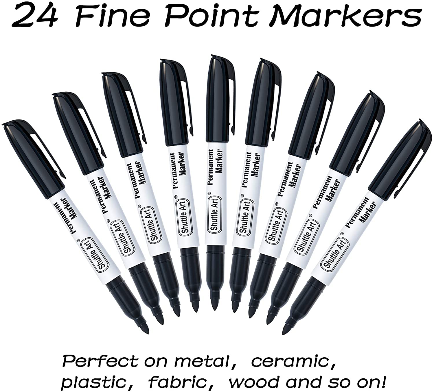 Shuttle Art Permanent Markers, 24 Pack Black Permanent Marker set,Fine Point, Works on Plastic,Wood,Stone,Metal and Glass for Doodling, Marking