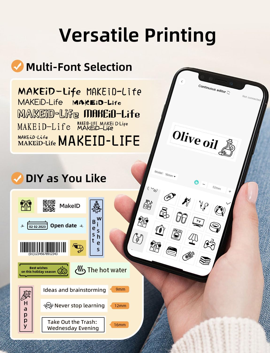 Makeid Label Maker Machine with Tape - Compatible with 9/12/16mm Waterproof Tape, Portable & Rechargeable with Built-in Cutter Wireless Label Printer Compatible with Android & iOS Devices