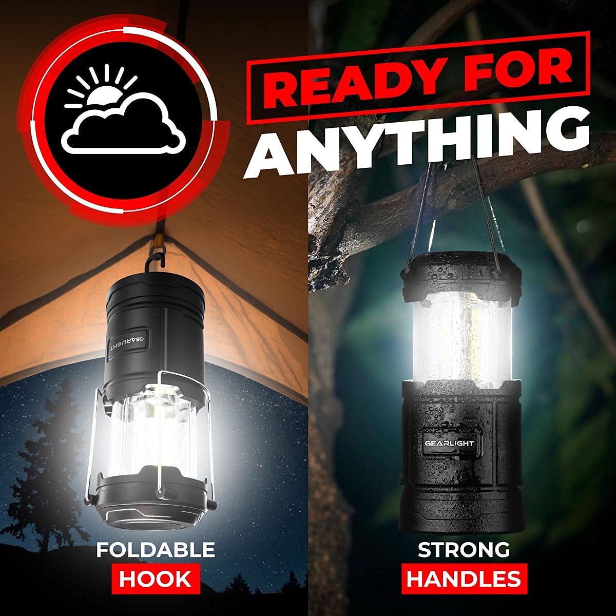 GearLight Camping Lantern - 2 Portable LED Battery Powered Lantern with Magnetic Base and Foldable Hook for Emergency Use or Campsites, Essential Hurricane Survival Kit with Batteries