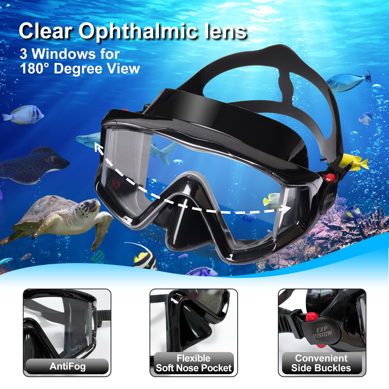 Snorkel Set Pano 3 Window Adult Snorkeling Gear, Professional Anti-Fog Snorkel Diving Mask, Anti-Leak Swim Goggles and Dry Top Snorkel for Scuba Diving, Snorkeling, Swimming (Black)