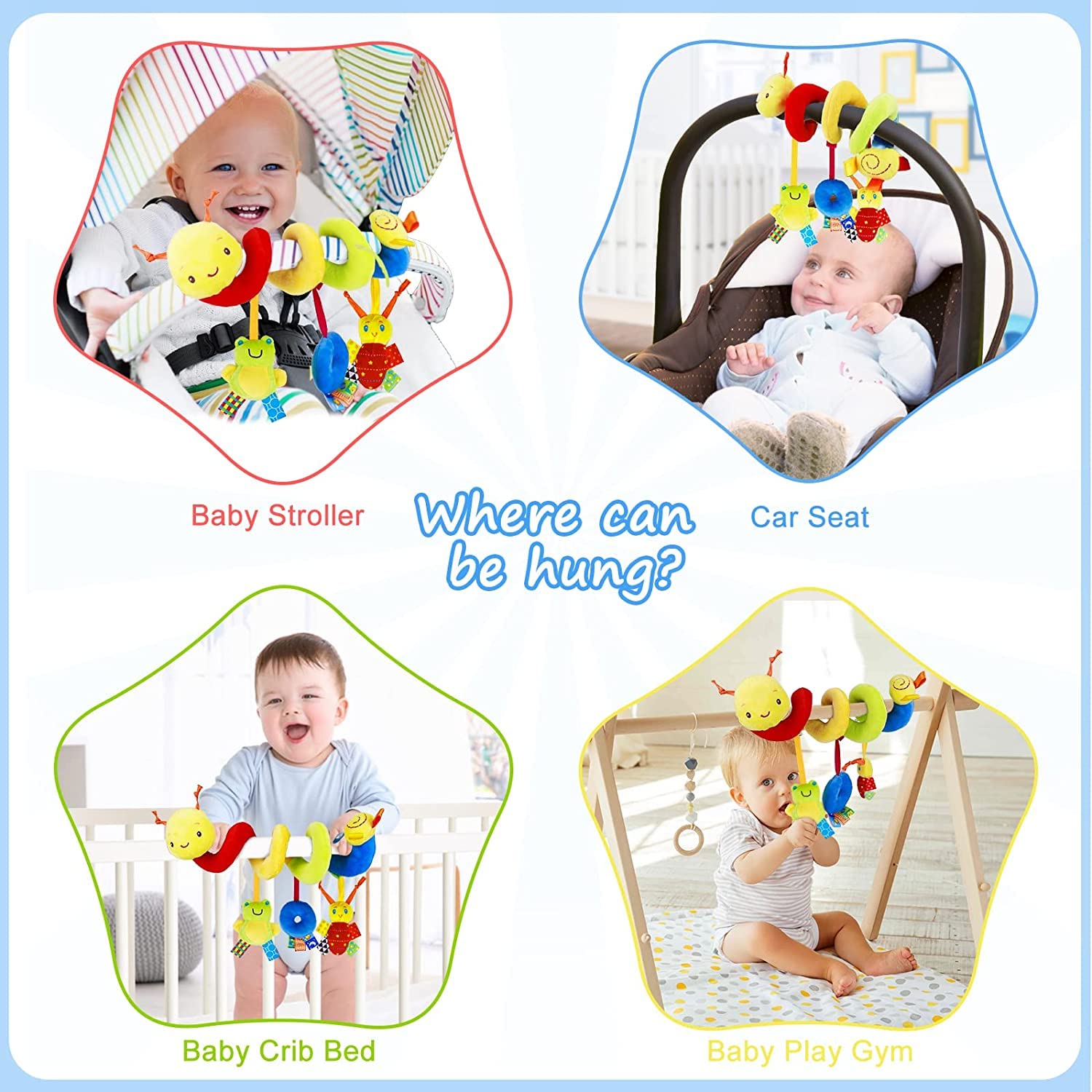 Baby Crib Hanging Rattles Toys - Infant Baby Worm Crib Bed Around Rattle Bell Cartoon Insect Spiral Hanging Toy with Ringing Bell for Infants Bed Stroller Car Seat Bar for Babies Boys and Girls