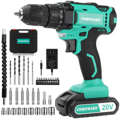 COMOWARE 20V Cordless Drill, Electric Power Drill Set with 1 Battery & Charger, 3/8” Keyless Chuck, 2 Variable Speed, 266 In-lb Torque, 25+1 Position and 34pcs Drill/Driver Bits