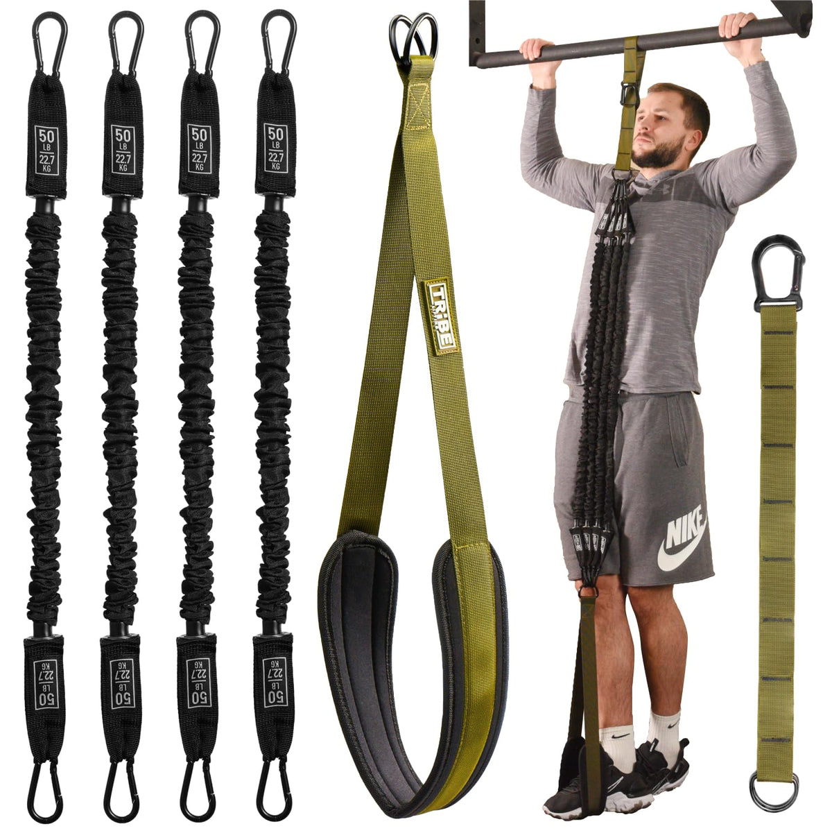 Pull Up Assistance Bands Set - 4 Heavy-Duty Pull Up Bands, Height Adjustable Strap & Comfortable Foot Strap - Stackable Pull Up Resistance Bands for Pull Ups - Pull Up Assist Bands (Military Green)