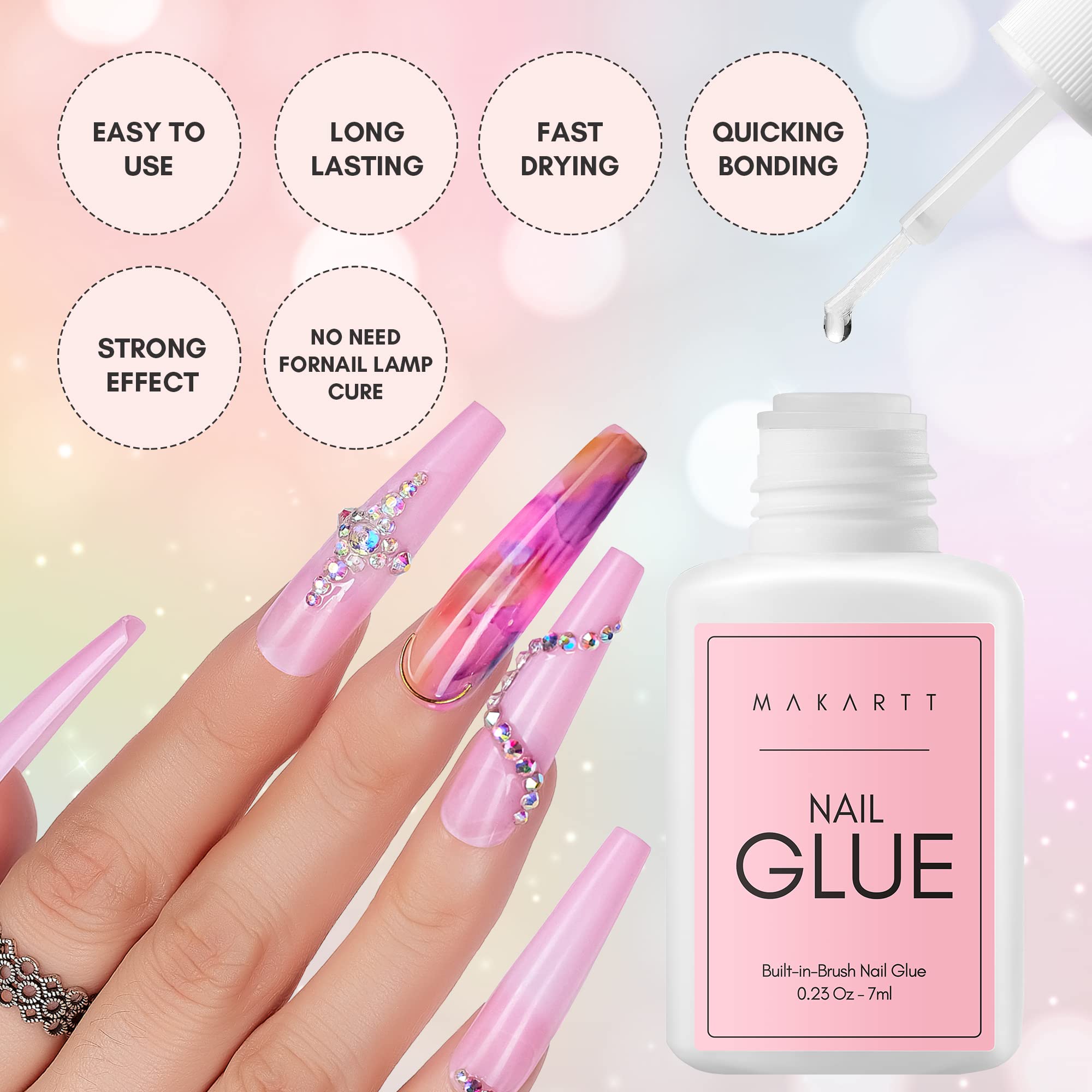 Super Strong Nail Glue for Acrylic Nails,Nail Tips, Press On Nails, Fake Nails, Salon Quality Brush On Nail Glue Easy Application Durable & Long-Lasting Makartt Glue False Nails