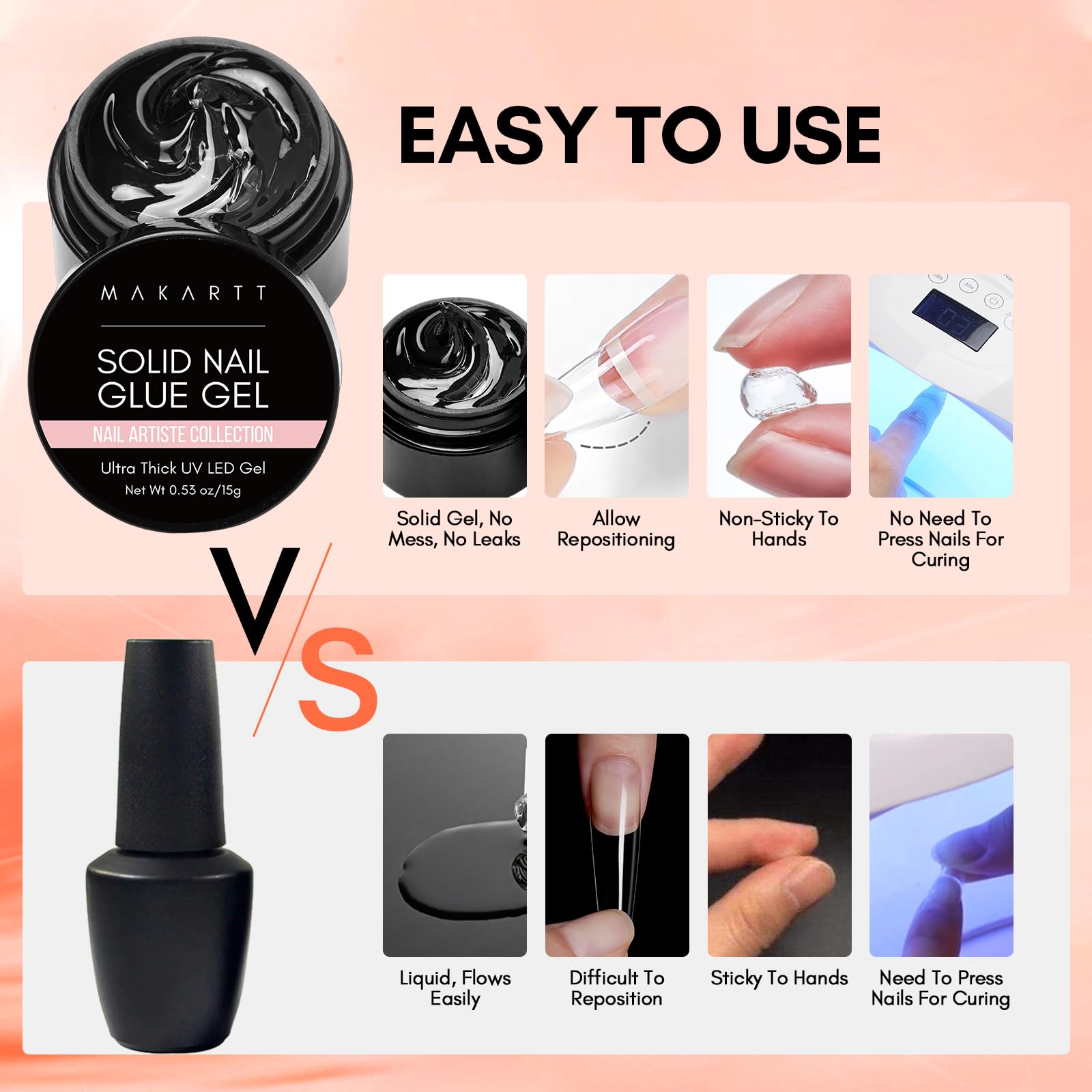 Makartt Solid Gel Nail Glue for False Nail Tips Glue Gel 0.5 floz Lamp Curing Needed Super Adhesive Press on Nails Glue for Fake Nail Long Lasting Nail Art Salon Home Use