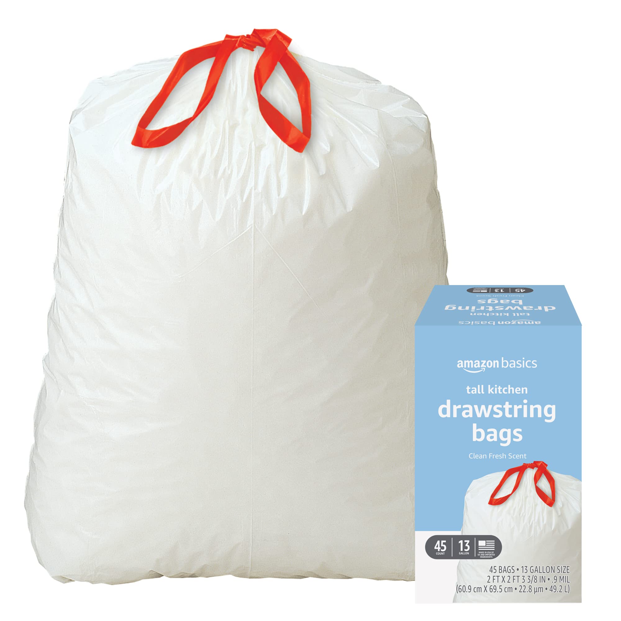 Amazon Basics Tall Kitchen Drawstring Trash Bags, Clean Fresh Scent, 13 Gallon, 45 Count