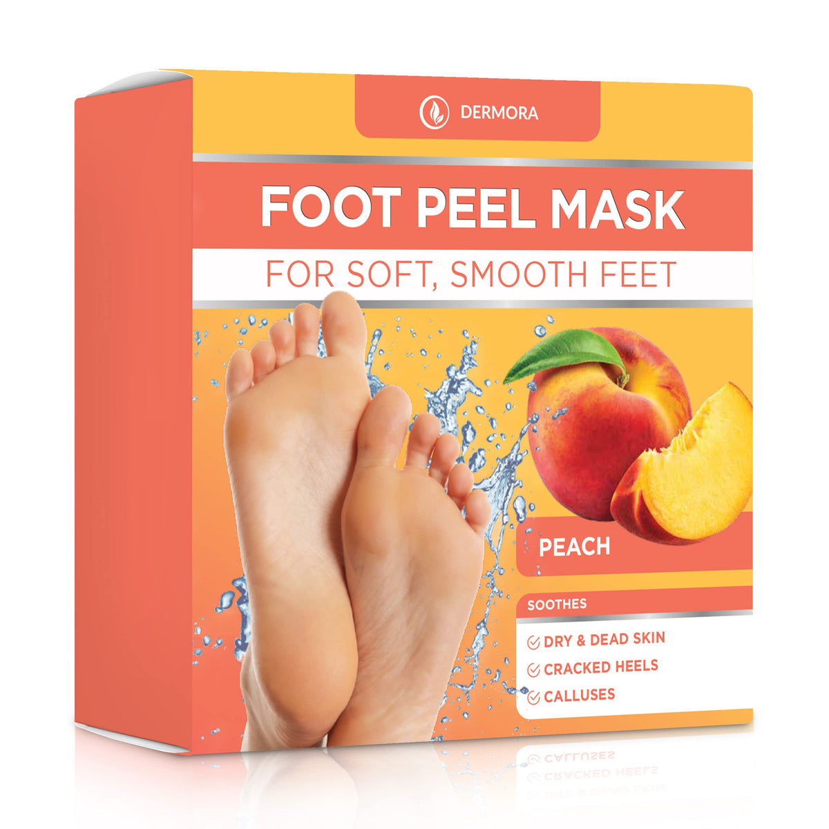 DERMORA Foot Peel Mask - 4 Pack Exfoliating Masks for Dry, Cracked Feet - Callus and Dead Skin Remover for Baby Soft Feet with Peach Scent