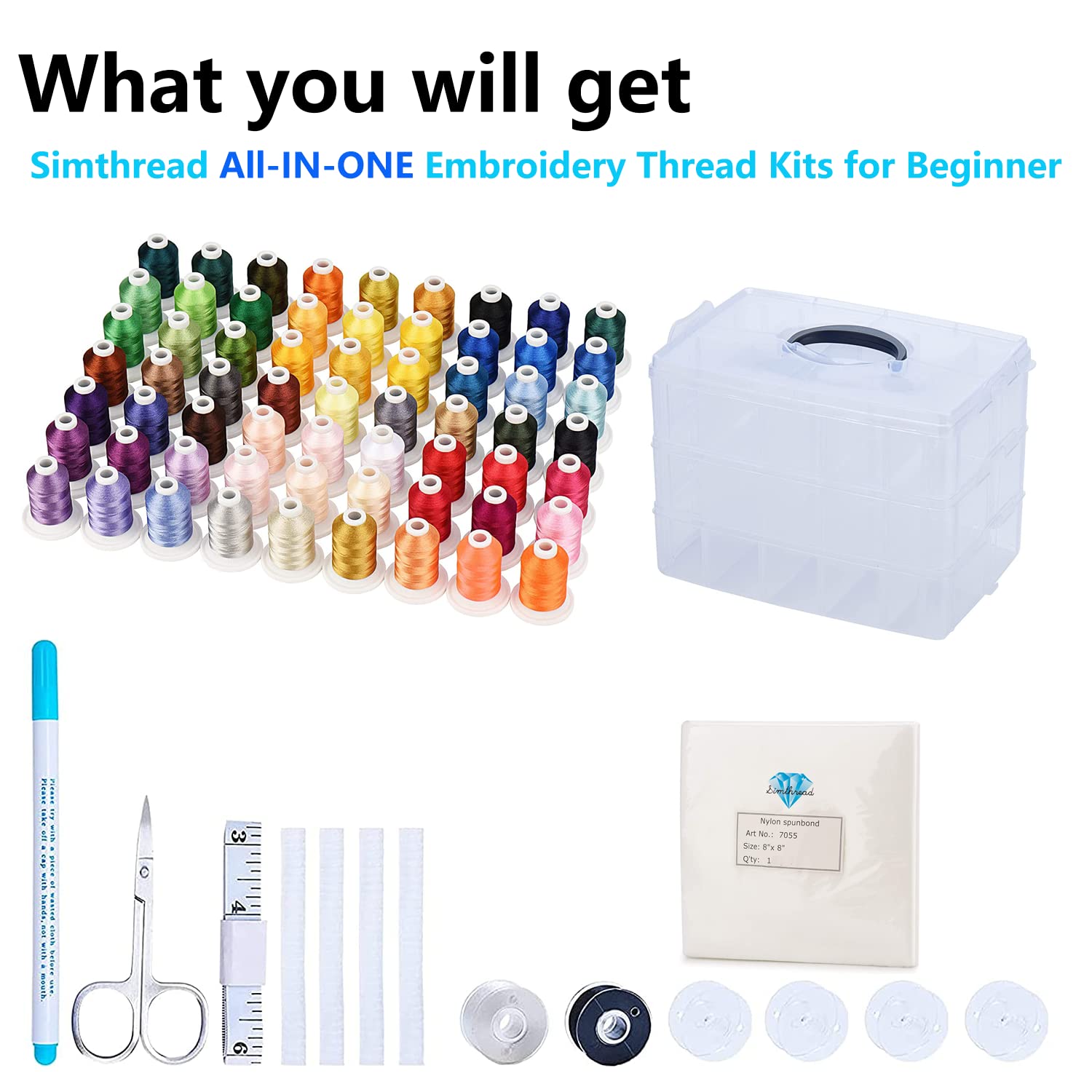 [Anti-Tangle] Embroidery Thread Kit with Organizer Box, All-in-one 63 Colors 100% Polyester Sewing Thread Set for Brother Babylock Janome Embroidery Machine and More