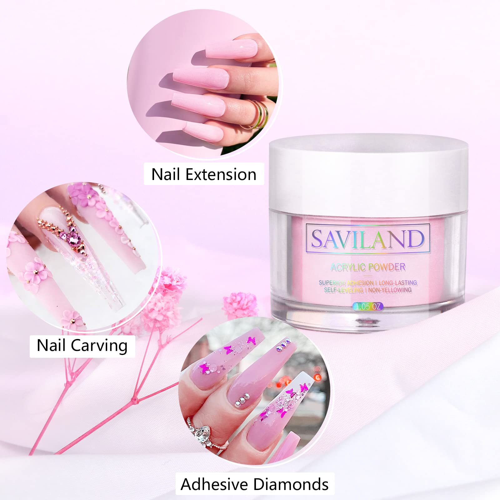 Saviland Pink Acrylic Powder - 1oz Professional Colored Acrylic Nail Powder, Color Acrylic Powder for Nails Extension 3D Nail Art Carving, No Need Nail Lamp