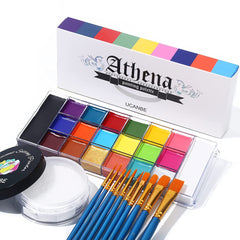 UCANBE Athena Face Body Paint Oil Palette + Translucent Setting Powder + 10PCS Brushes Set, Professional Non Toxic Face Painting Pallet Kit for Halloween SFX Cosplay Clown Makeup for Women Adults