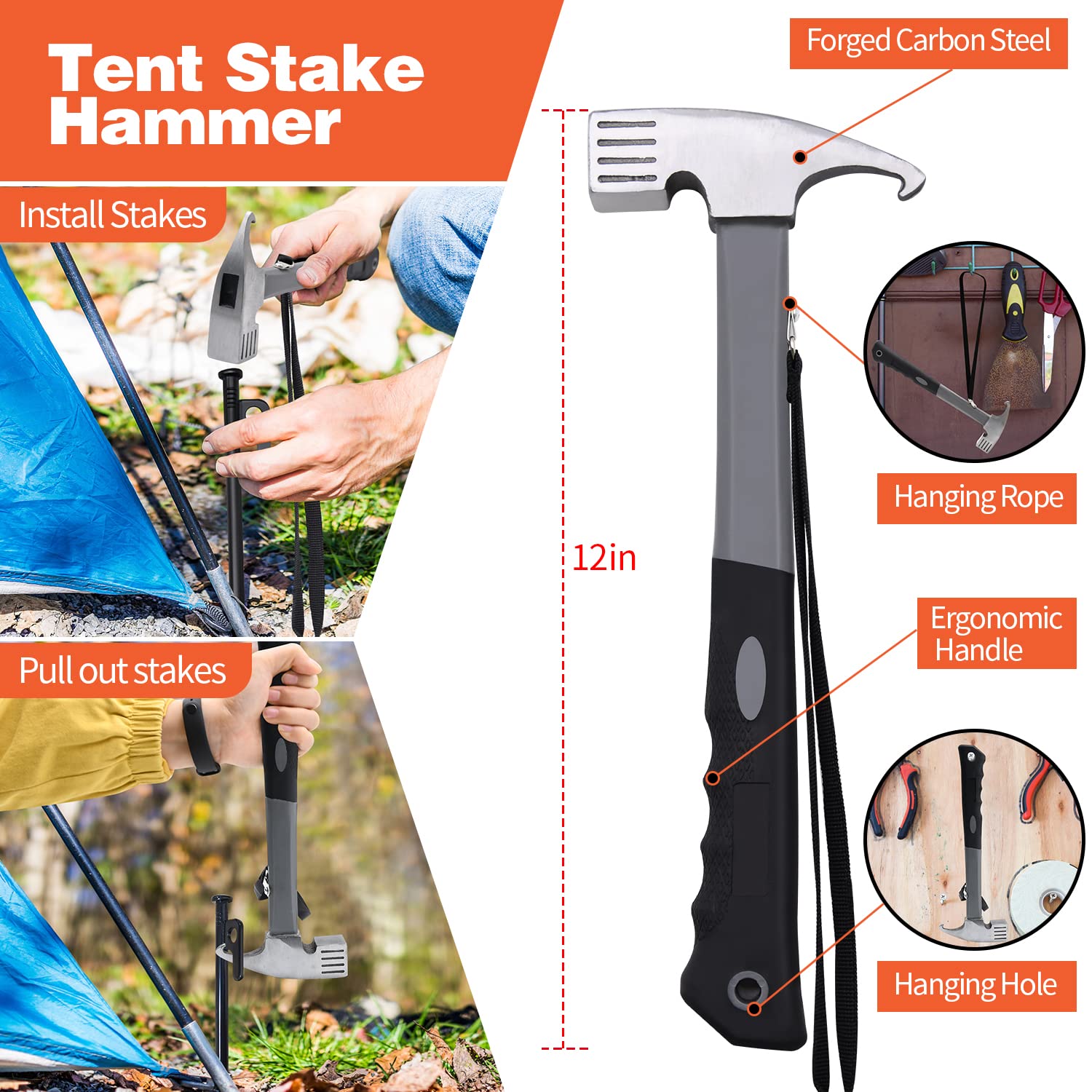 8pcs Tent Stakes and Hammer Set, 8in Heavy Duty Forged Steel Tent Stakes + Camping Hammer + Storage Pouch, Available in Rocky Place (8pcs 8in Stake+Hammer)