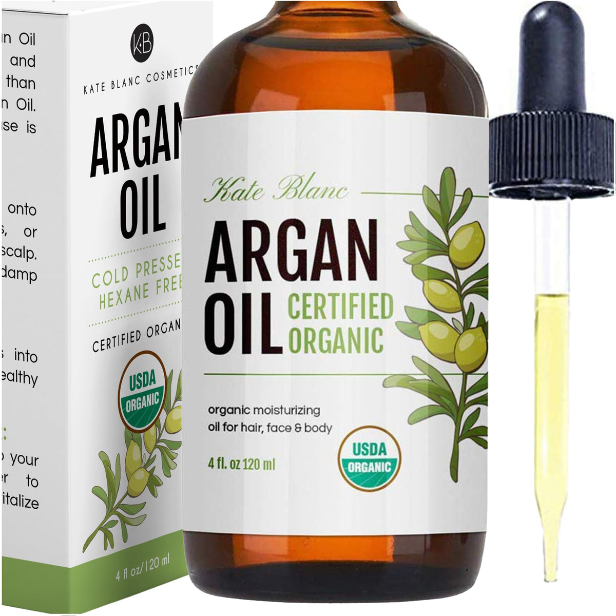 Kate Blanc Cosmetics Argan Oil for Hair and Skin Moisturizer (Light 4oz) 100% Pure Cold Pressed Organic Argan Hair Oil for Curly Frizzy Hair. Stimulate Growth for Dry Damaged Hair