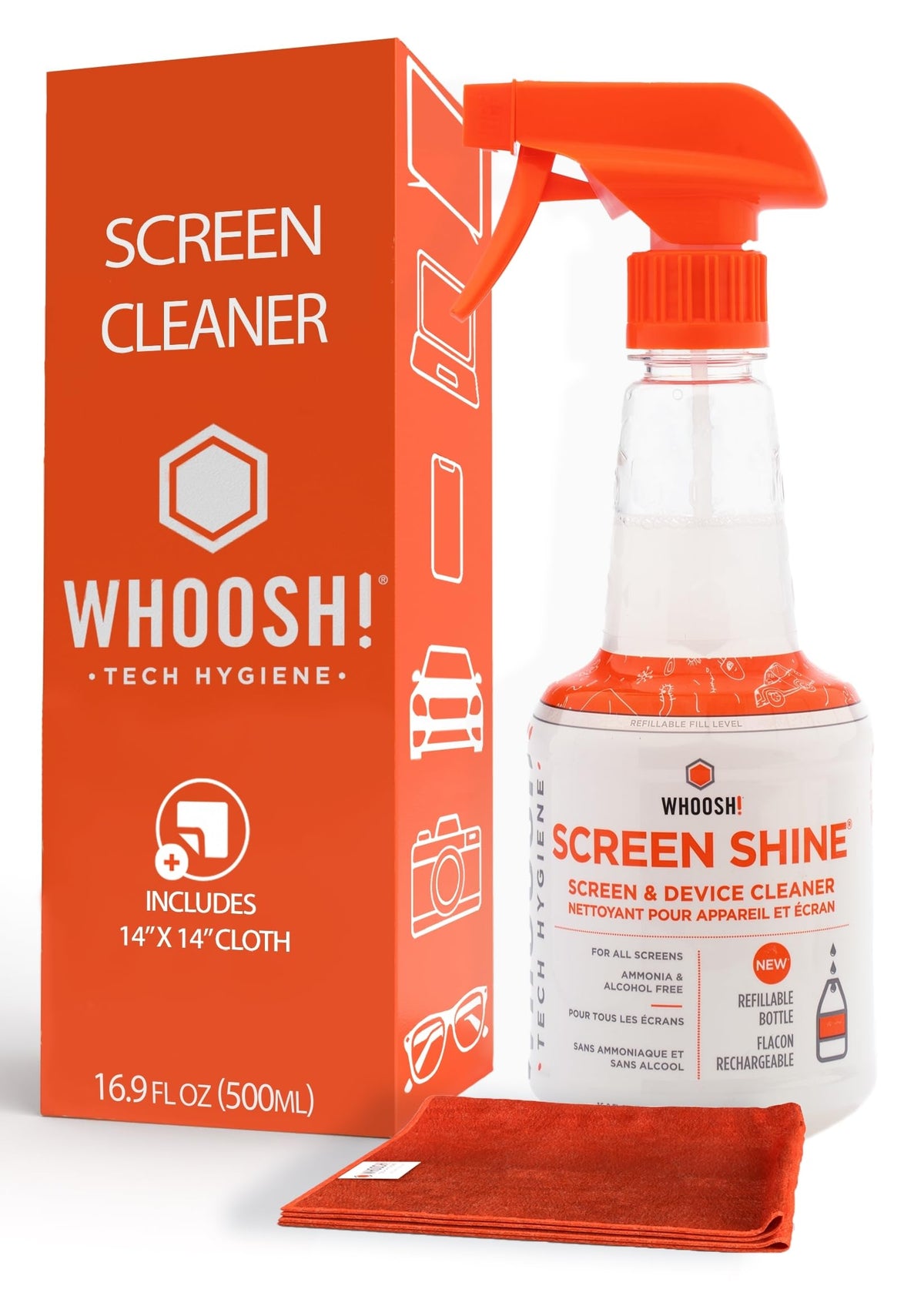 WHOOSH! 2.0 Screen Cleaner Kit - [New REFILLABLE 16.9 Oz ] Best for Smartphones, iPads, Eyeglasses, TV Screen Cleaner, LED, LCD,Computer, Laptop & Touchscreen - 16.9 Fl Oz Full Bottle + 1 Cloth