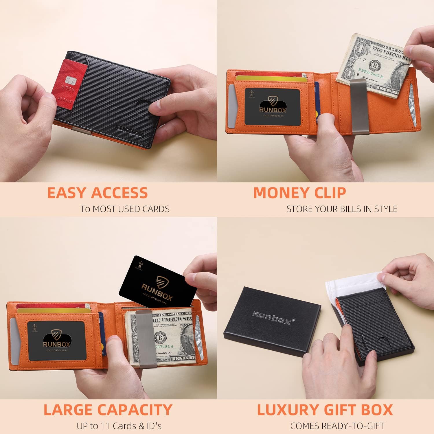 RUNBOX Slim Wallets for Men - Leather Money Clip Mens Wallet - RFID Blocking Front Pocket Bifold Wallet - Minimalist Credit Card Holder with Gift Box