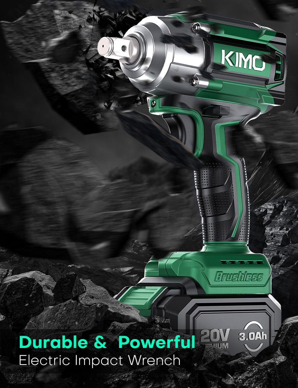 KIMO Cordless Impact Wrench, 3000 RPM & Max Torque 350 ft-lbs (475N.m), 1/2 Impact Gun with 2x 3000mAh Li-ion Battery, 1/2 Impact Driver w/7 Impact Sockets, 3 Inch Extension Bar, 1 Hour Fast Charger