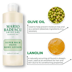 Mario Badescu Super Rich Olive Body Lotion for Dry Skin, Non-Greasy and Creamy Skin Care Moisturizer Infused with Olive Oil, Ideal for All Skin Types, 6 Fl Oz