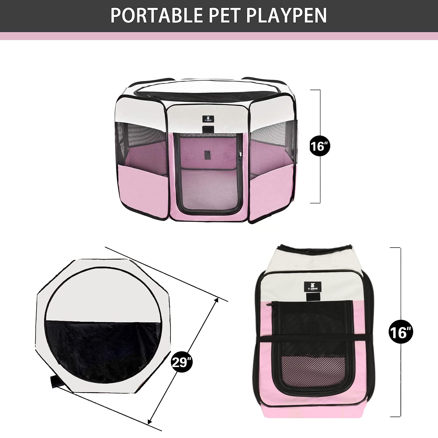 X-ZONE PET Dog Playpen Portable Pet Play Pens for Puppies, Cat, Rabbit, Chicks, Foldable Exercise Play Tent Kennel Crate, Indoor/Outdoor Travel Camping Pink Small