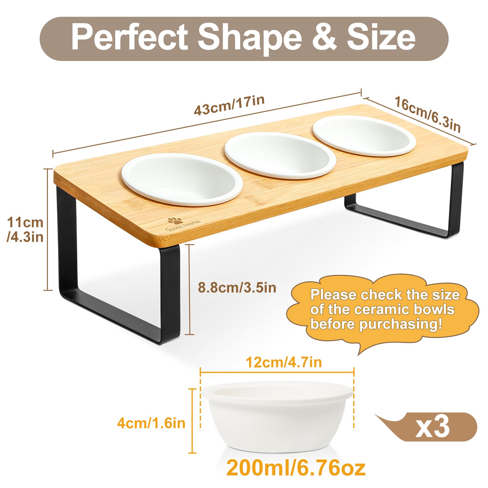 Sunhoo Raised Cat Food Water Bowl Elevated Tilted Kitty Dishes Set of 3 Ceramic Dish for Indoor Cats Orthopedic Pet Food Stand Anti Vomiting 3 Bowl Cat Feeder Easy Assembly