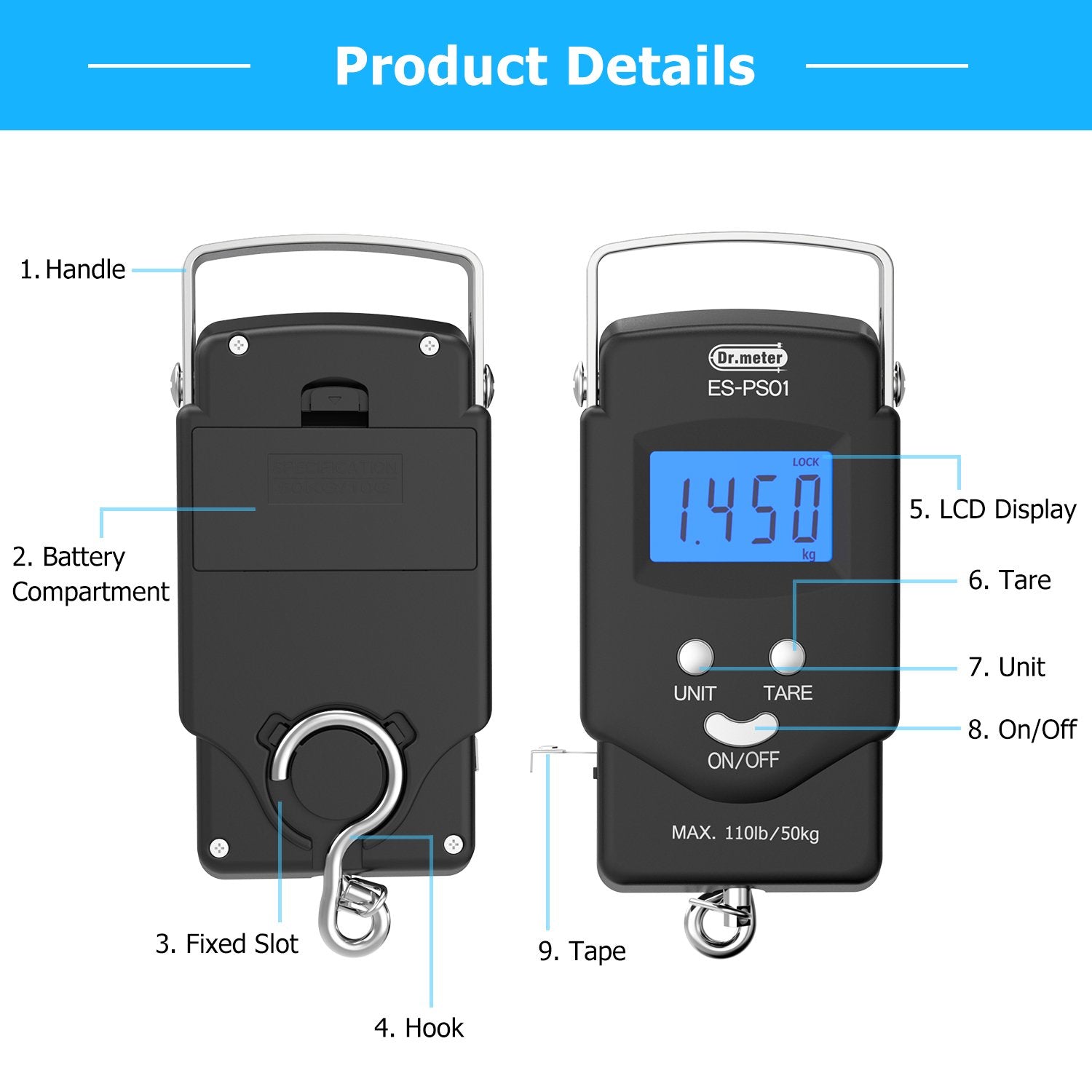 Dr.meter Fish Scale, Backlit LCD Display 110lb/50kg PS01, with Measuring Tape, Electronic Balance Digital Fishing Postal Hanging Hook Scale with 2 AAA Batteries-Fishing Gifts for Men