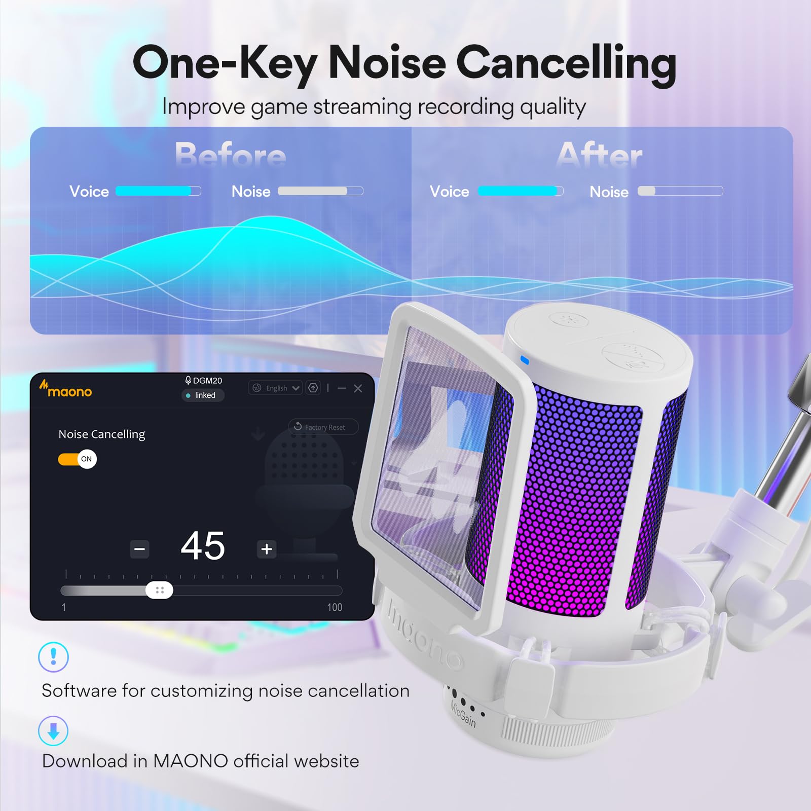 MAONO USB Gaming Microphone with Noise Cancellation, Computer PC Condenser Mic with RGB Light, Mute, Gain, Monitoring for Streaming, Podcast, YouTube, Twitch, Discord, PS5, PS4, GamerWave DGM20S