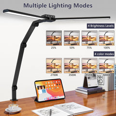 KableRika Desk Lamp,Double Head Desk Lamp with Clamp,24W Led Desk Lights for Home Office Ultra Bright Architect Table Lamp 4 Brightness 4 Color,Auto Dimming Task Lamp for Monitor Work Study