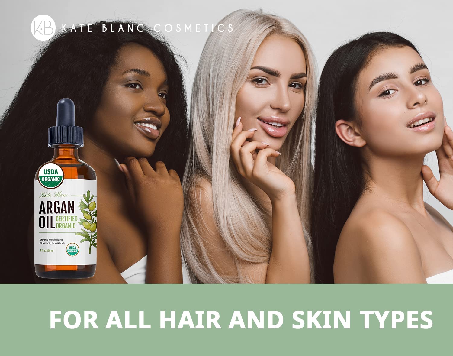 Kate Blanc Cosmetics Argan Oil for Hair and Skin Moisturizer (Light 4oz) 100% Pure Cold Pressed Organic Argan Hair Oil for Curly Frizzy Hair. Stimulate Growth for Dry Damaged Hair