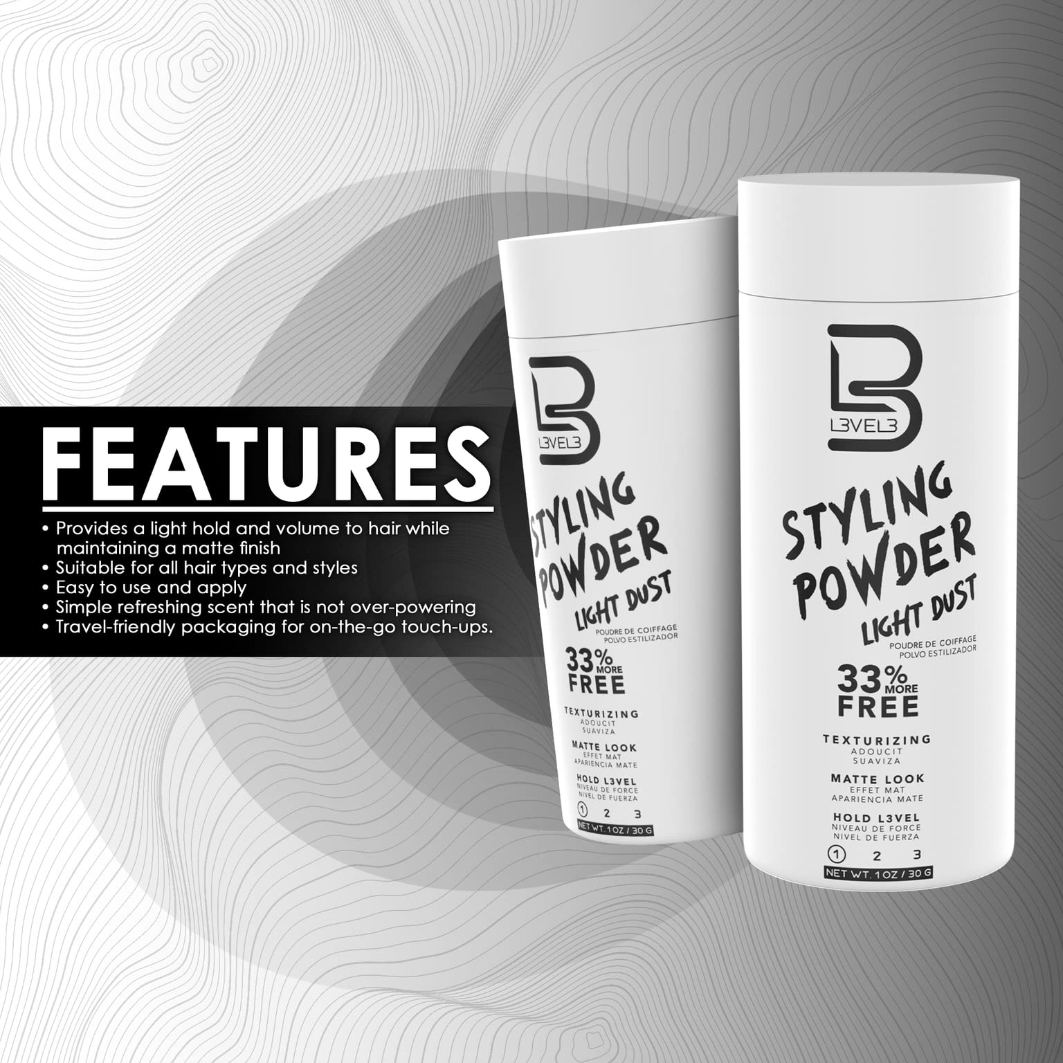 L3 Level 3 Light Hold Styling Powder - Natural Matte Hairstyle - Texturizing and Volumizing (30 Grams)