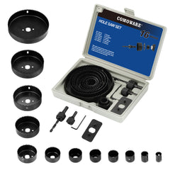 COMOWARE Hole Saw Kit for Wood- 16 Pieces 3/4’’-5’’ Full Set in Case with 1pcs Hex Key, 2pcs Mandrels and 1pcs Install Plate for PVC Board Plastic Plate Drilling Drywall and Soft Wood