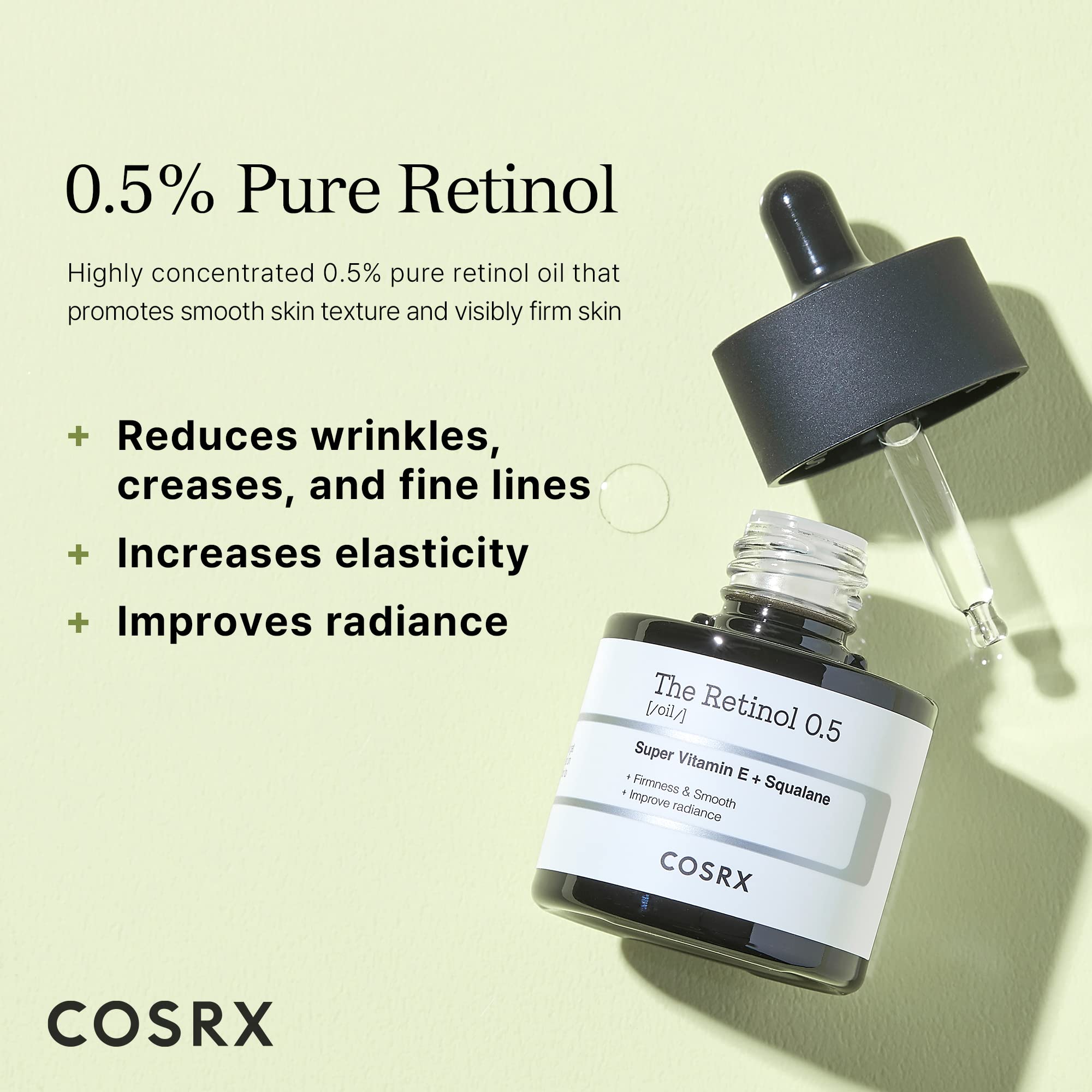 COSRX Retinol 0.5 Oil, Anti-aging Serum with 0.5% Retinoid Treatment for Face, Reduce Wrinkles, Fine Lines, & Signs of Aging, Gentle Skincare for Day & Night, Not Tested on Animals, Korean Skincare