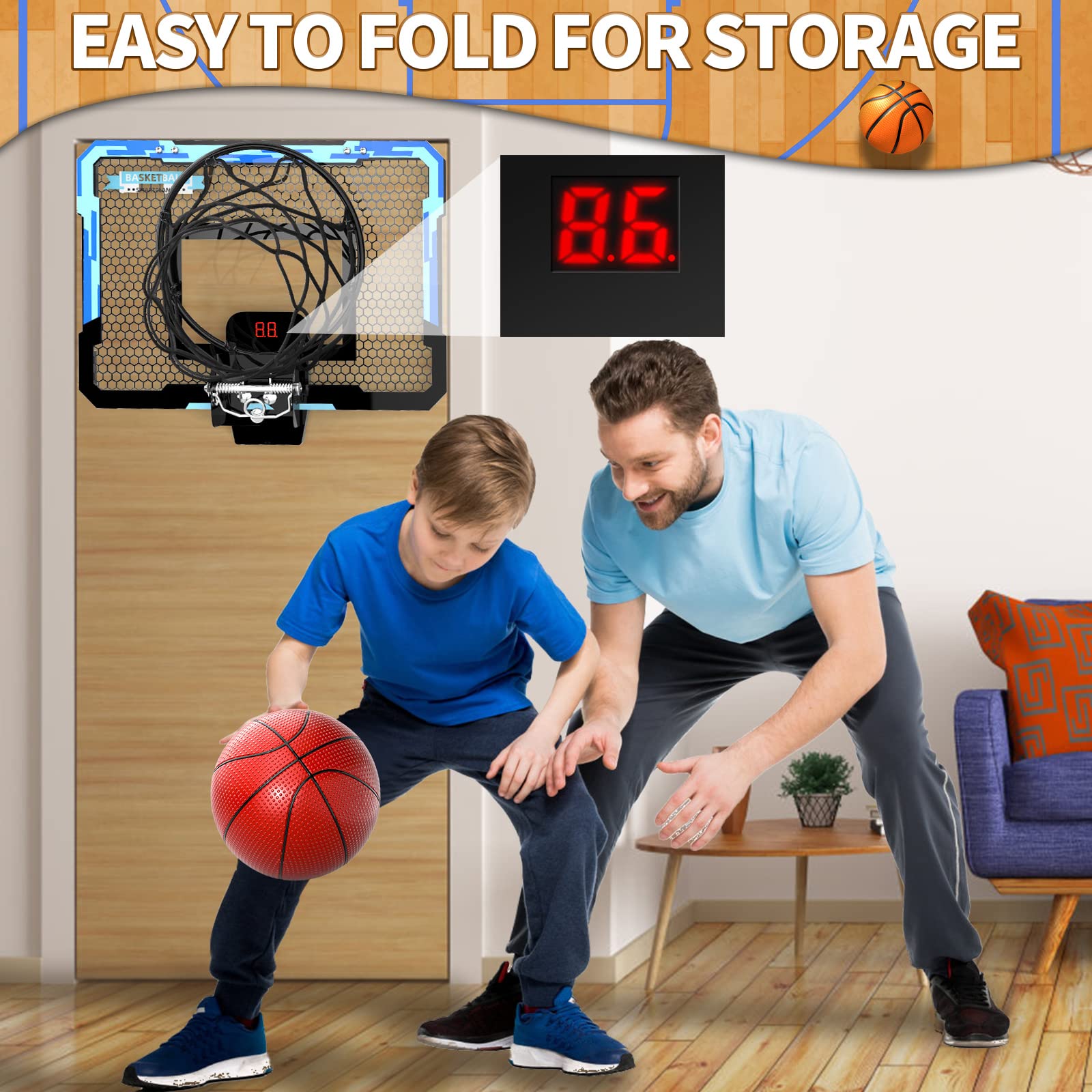 Indoor Kids and Adults Door Room Mini Basketball Hoop with Electronic Scoreboard, 4 Balls, Basketball Toys Suit for Bedroom/Office/Outdoor