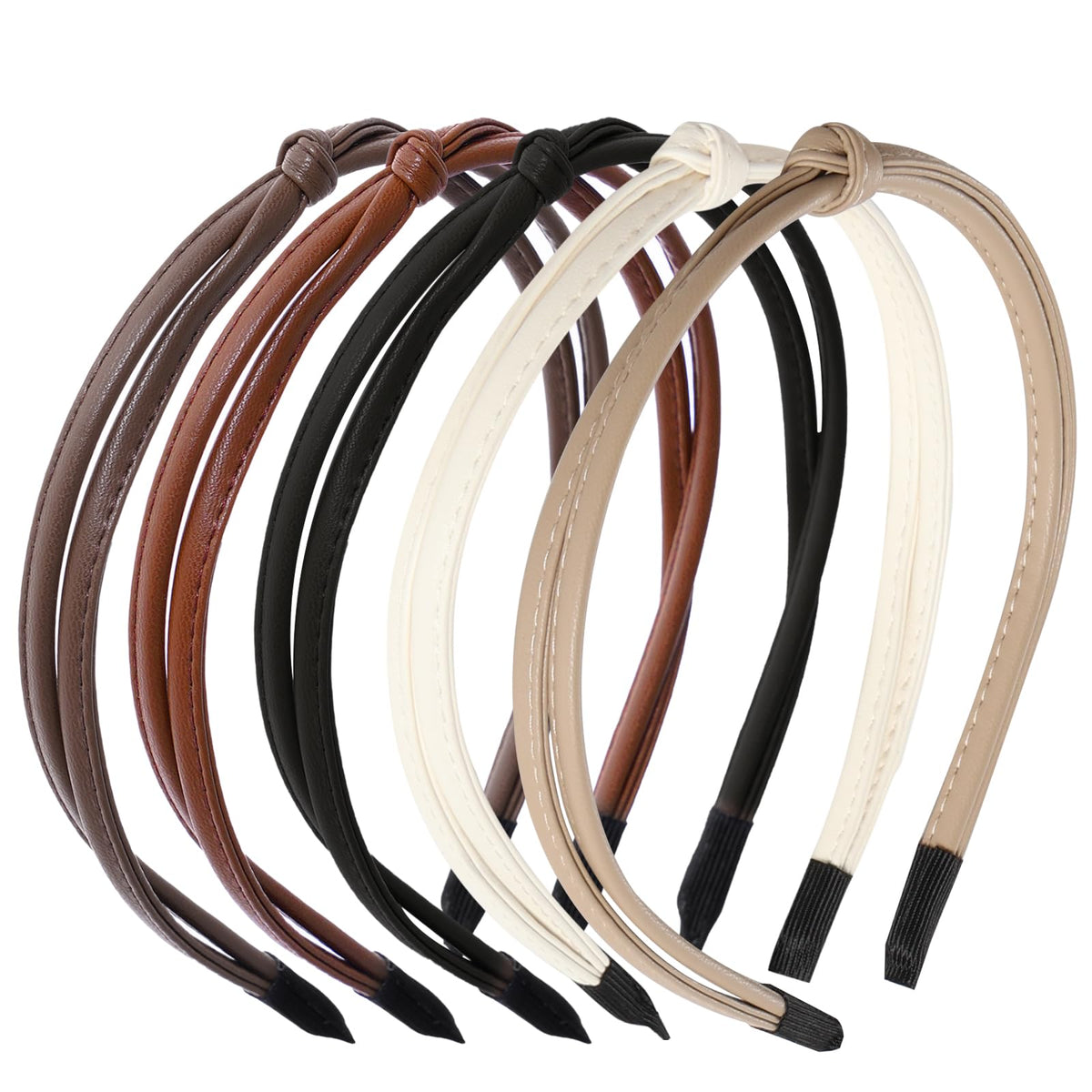 phnydreg 5Pcs Leather Headbands for Women Thin Knotted Headband Cute Thin Leather Headbands for Women's Hair Fashion Knotted Headbands Black White Brown Hair Accessories for Women and Girls