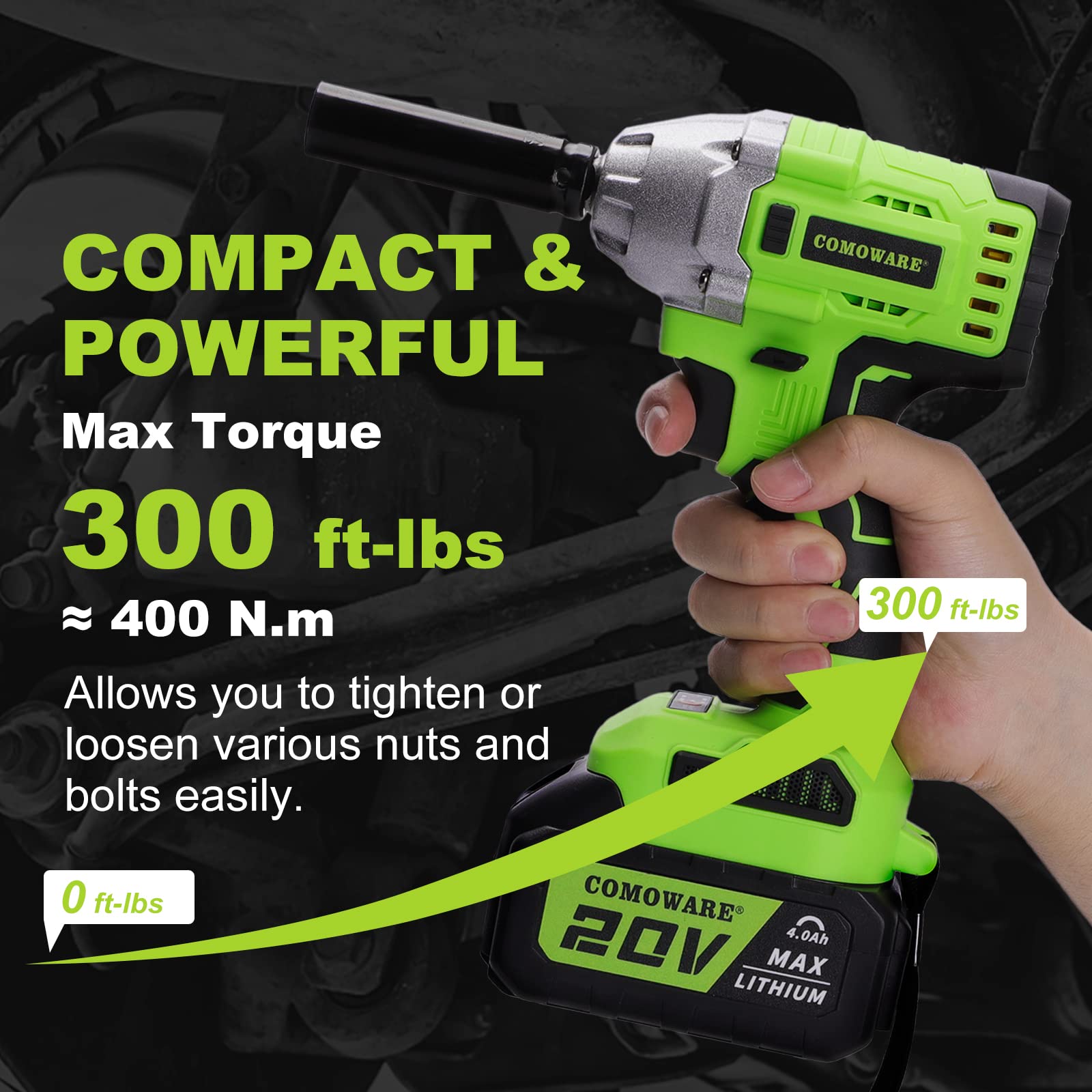 COMOWARE Cordless Impact Wrench 1/2 inch Impact Gun, 300 Ft-lbs (400N.m) Max Torque 4.0Ah Li-ion Battery, 20V Brushless Power Impact Driver Kit with 1 Hour Fast Charger, 10 Pcs Impact Sockets and Bits