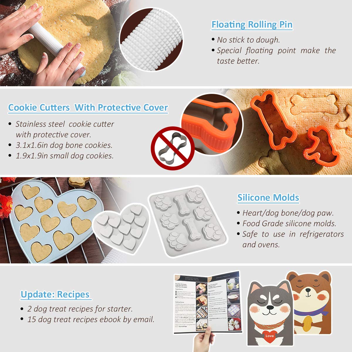 YIGWANG 55 Pcs Dog Treat Maker, Make Your Own Dog Treats Kit for Kids, Including 2 Dog Treat Cookie Cutters and Mold, 2 Dog Treat Recipes Book, 24 Dog Treat Bags, etc.