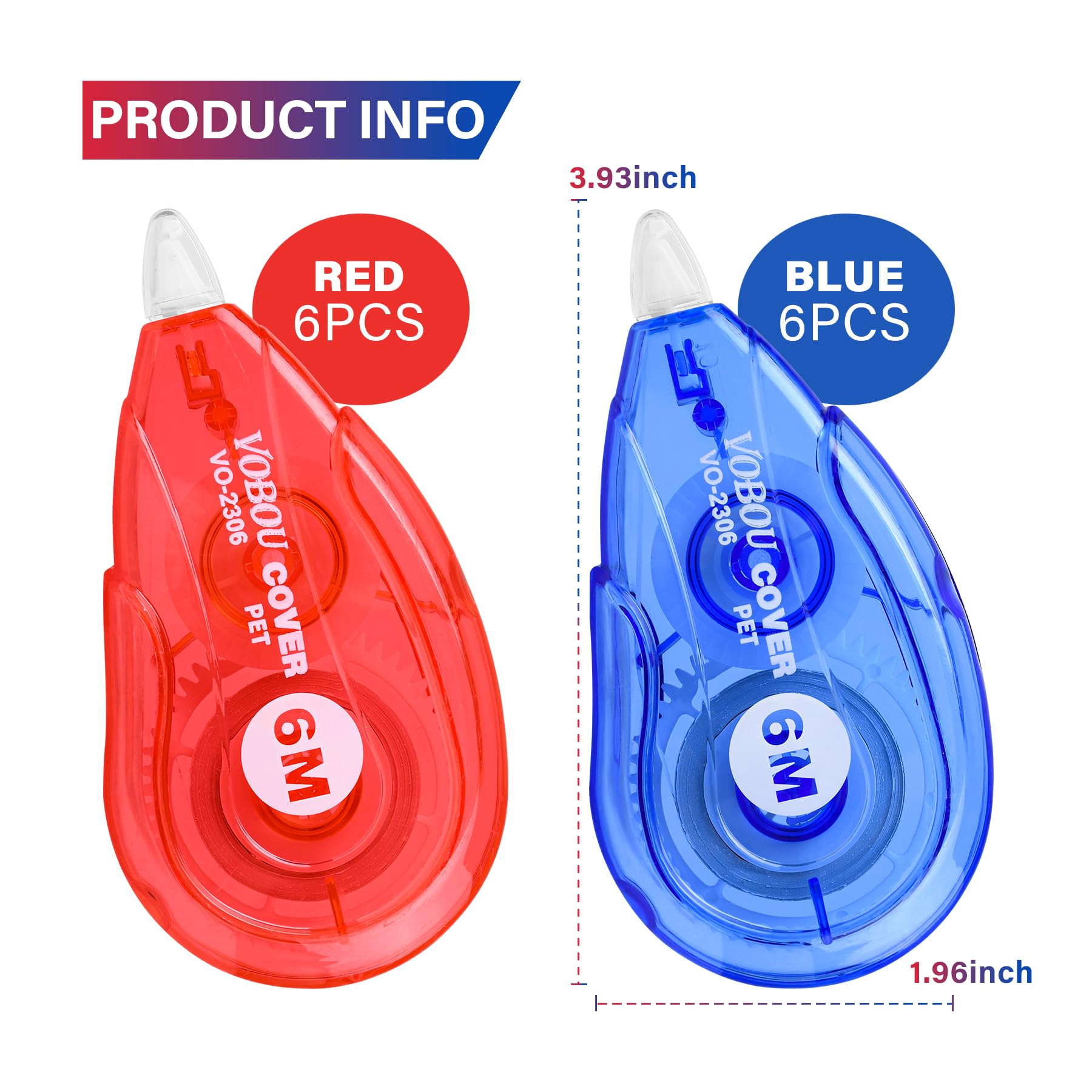 Vobou Whiteout Correction Tape, Easy To Use Applicator for Instant Corrections Correct Wrong Writing At Any Time, For school, Office (Red and Blue, 12pack, 6M/256" x 0.2")