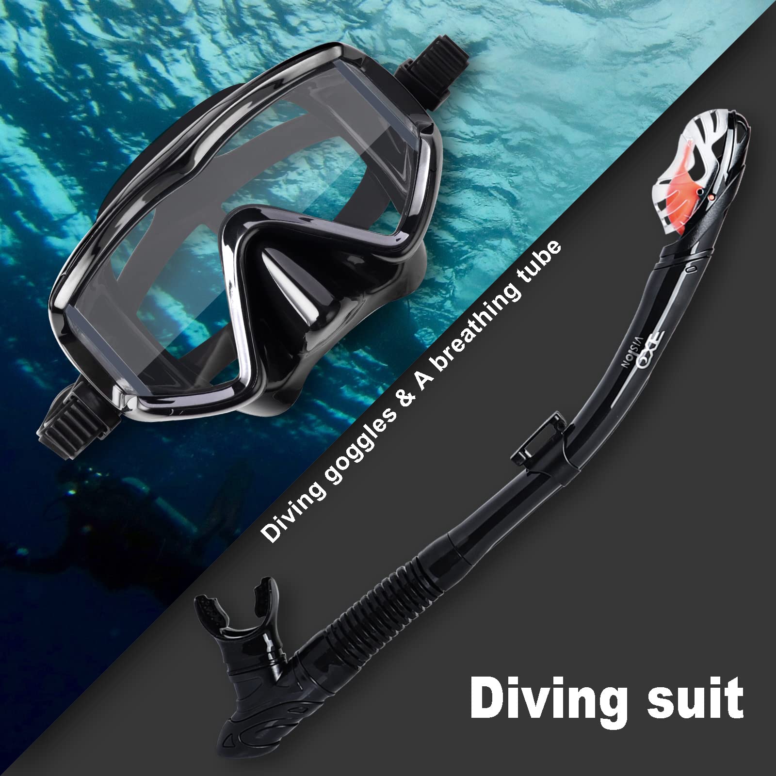 Snorkel Set Pano 3 Window Adult Snorkeling Gear, Professional Anti-Fog Snorkel Diving Mask, Anti-Leak Swim Goggles and Dry Top Snorkel for Scuba Diving, Snorkeling, Swimming (Black)