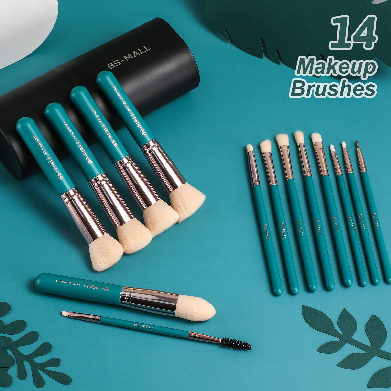 Makeup Brushes BS-MALL Premium Synthetic Foundation Powder Concealers Eye Shadows Makeup 14 Pcs Brush Set, Rose Golden, with Case (Green)