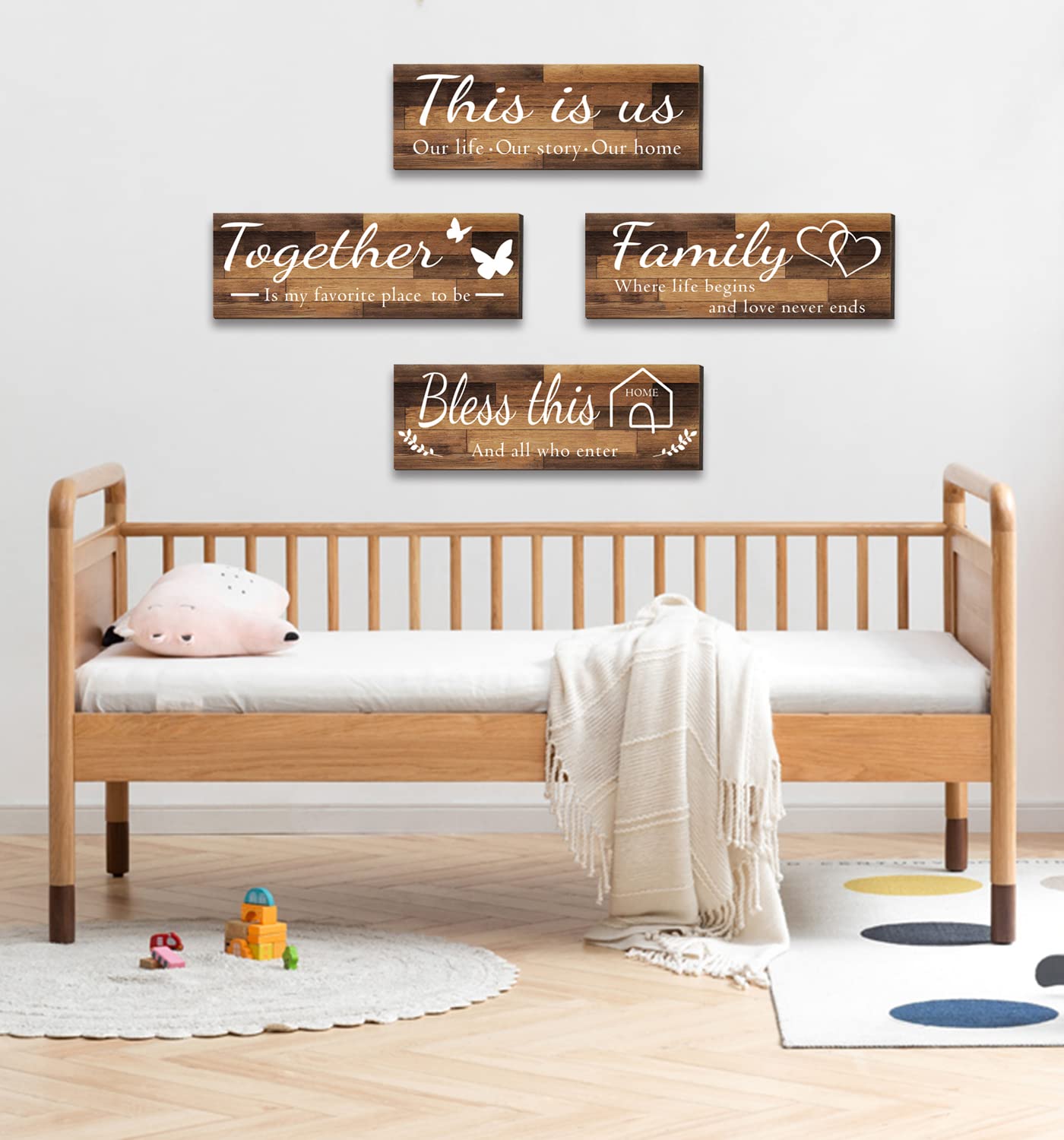 4 Pieces Home Wall Signs, THIS IS US/TOGETHER/BLESS THIS HOME/FAMILY Wall Decor For Living Room Bedroom, Rustic Wooden Farmhouse Wall Art , 4.7 x 13.8 Inch(Brown)