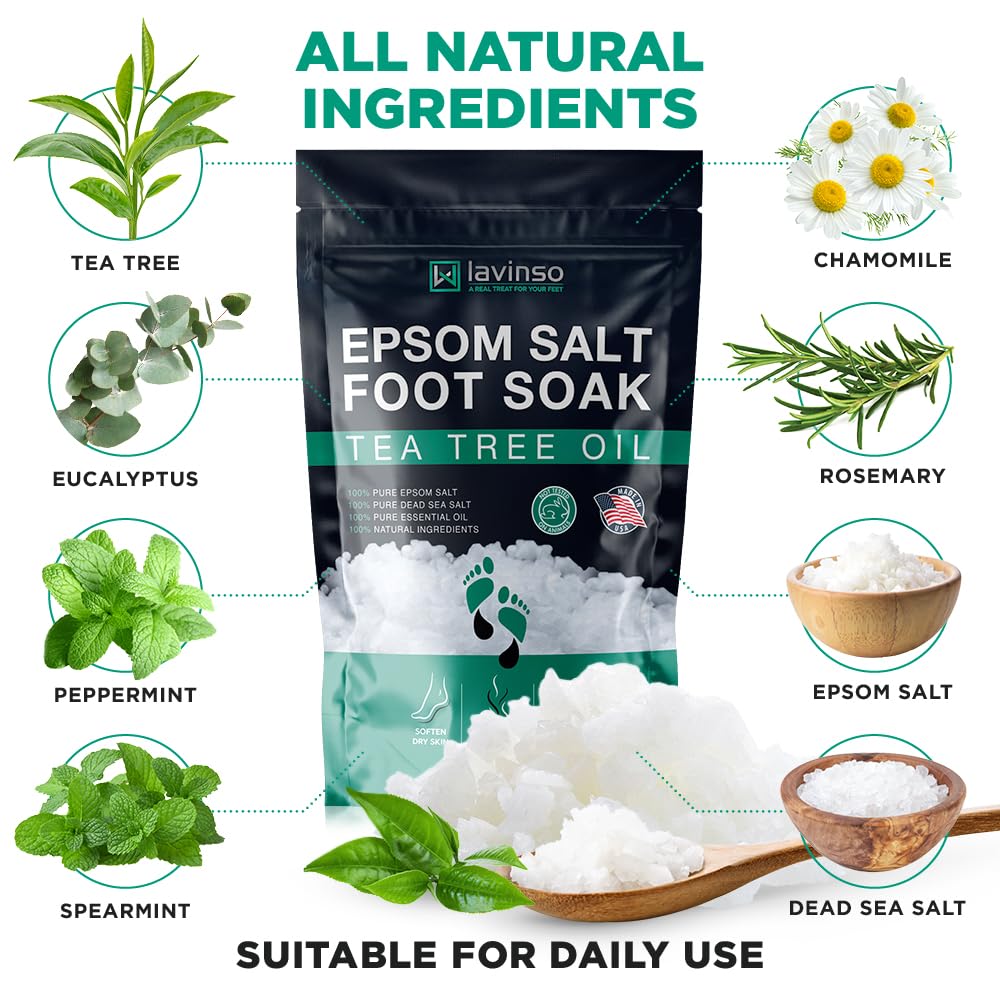 Tea Tree Oil Foot Soak with Epsom Salt - Made in USA - for Toenail Health, Athletes Foot, Stubborn Foot Odor, Softens Calluses & Soothes Sore Tired Feet - 1 LB