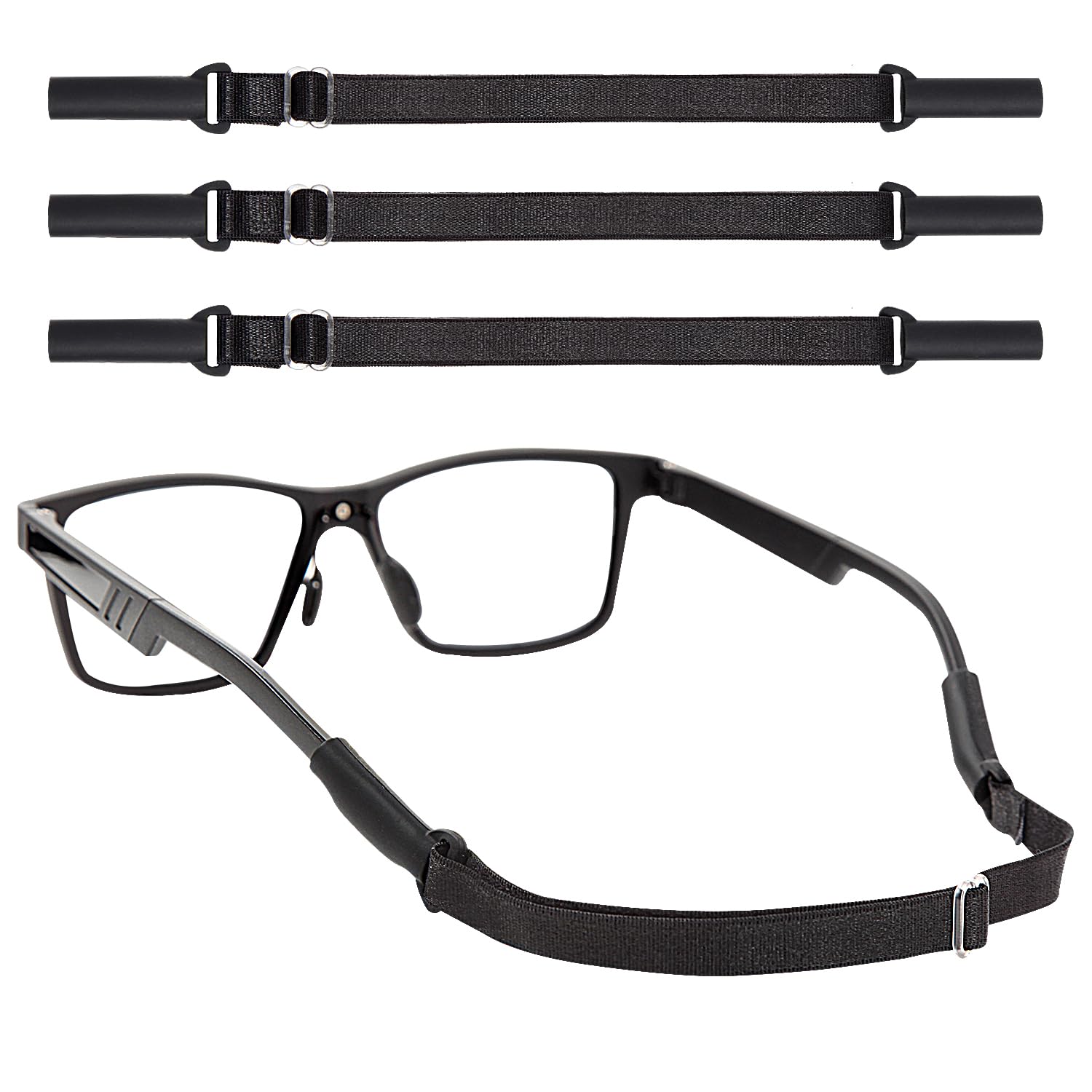 Adjustable Glasses Straps - 3 Pcs No Tail Adjustable Eyewear Retainer Glasse Strap for Men's Glasses Straps, Kids' Glasses Straps, Women's Glasses Straps, Sunglasses Straps, Black(7.5-13.5 inch)