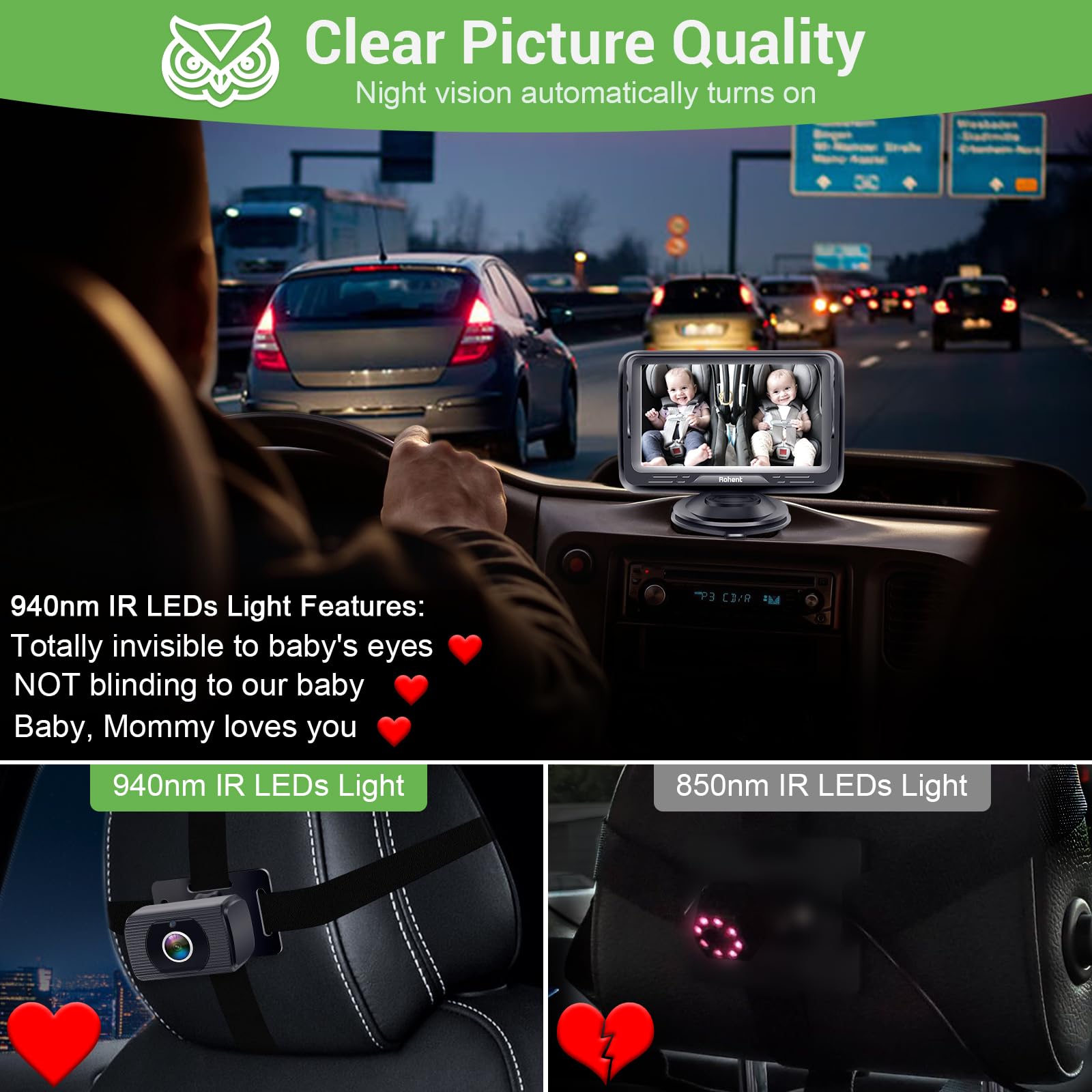 Baby Car Camera Ease Installation: Eye Protection Clear Night Vision 360° Rotation Rear Facing Baby Car Mirror for 2 Kids HD 1080P 150° Wide View Stability Backseat Camera with Monitor -Rohent N06